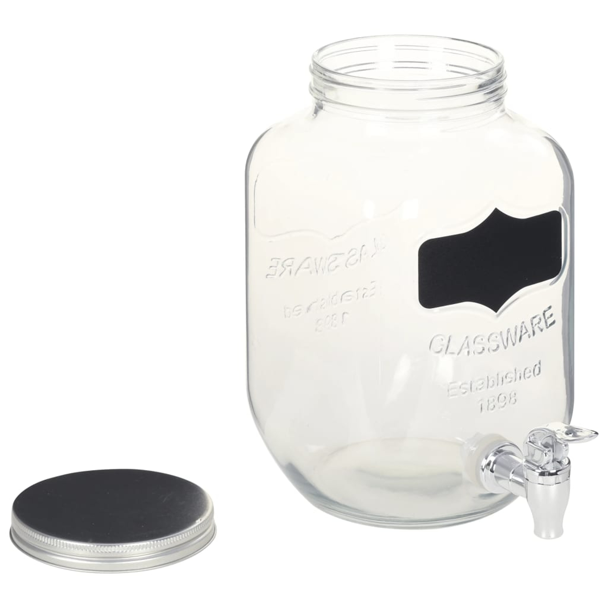 Ein leerer Glasbehälter mit Zapfhahn und separatem Deckel auf weißem Grund.
