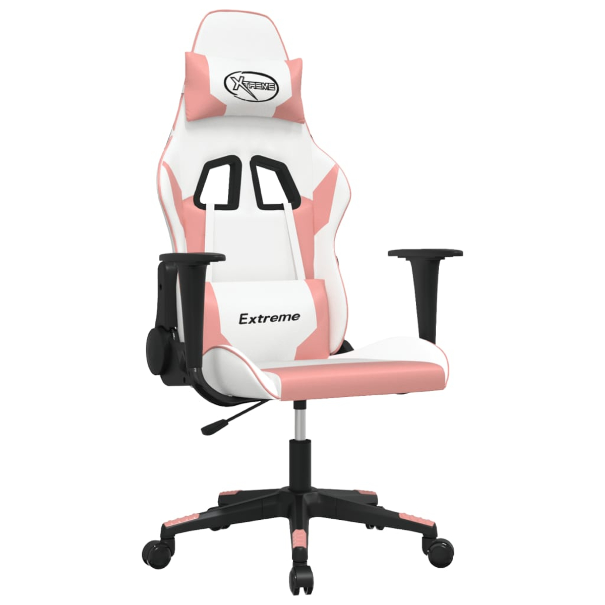 Ein weißer und rosafarbener Gaming-Stuhl mit schwarzem Gestell und Rädern.