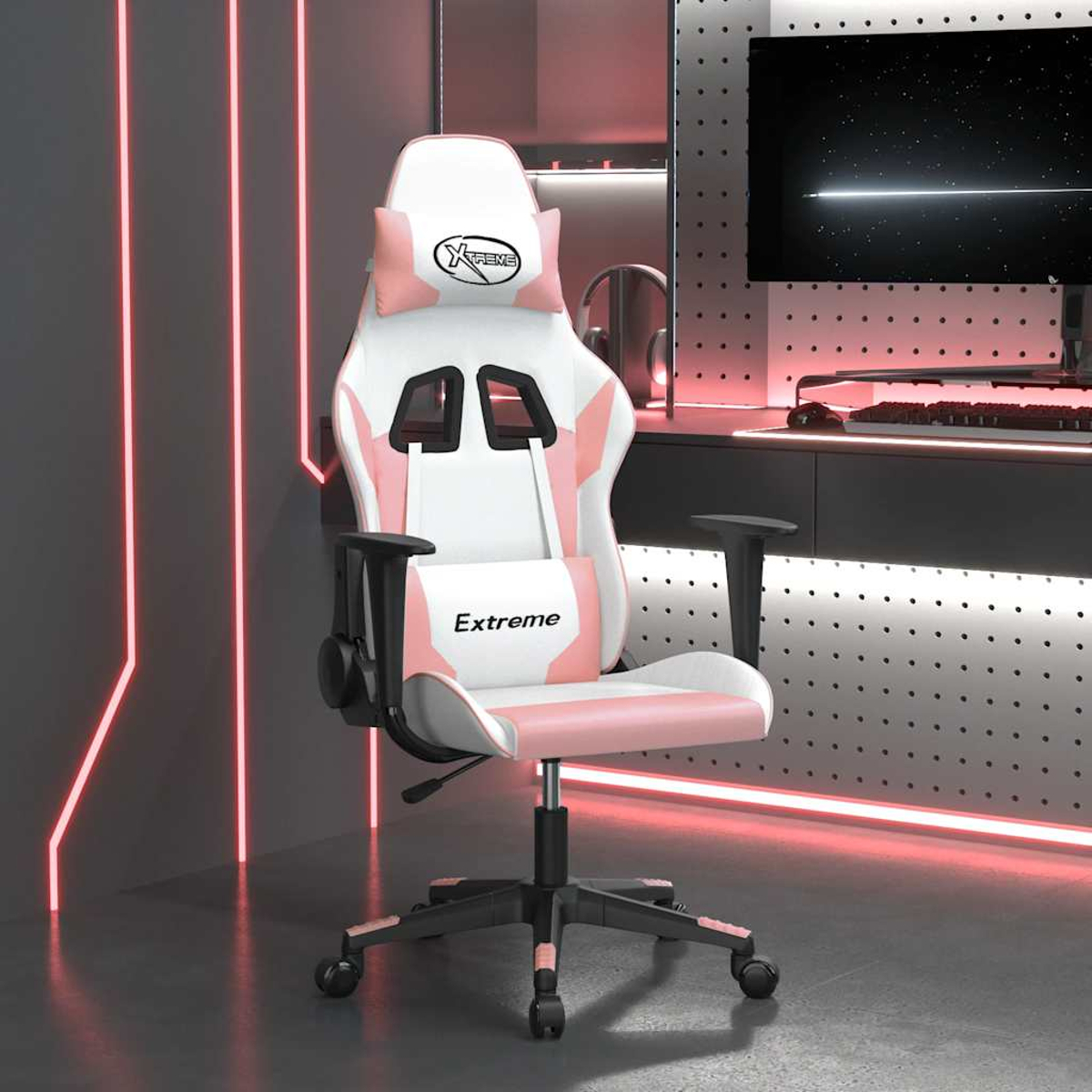 Ein weißer und rosa Gaming-Stuhl mit Kopf- und Lendenkissen steht im Raum.
