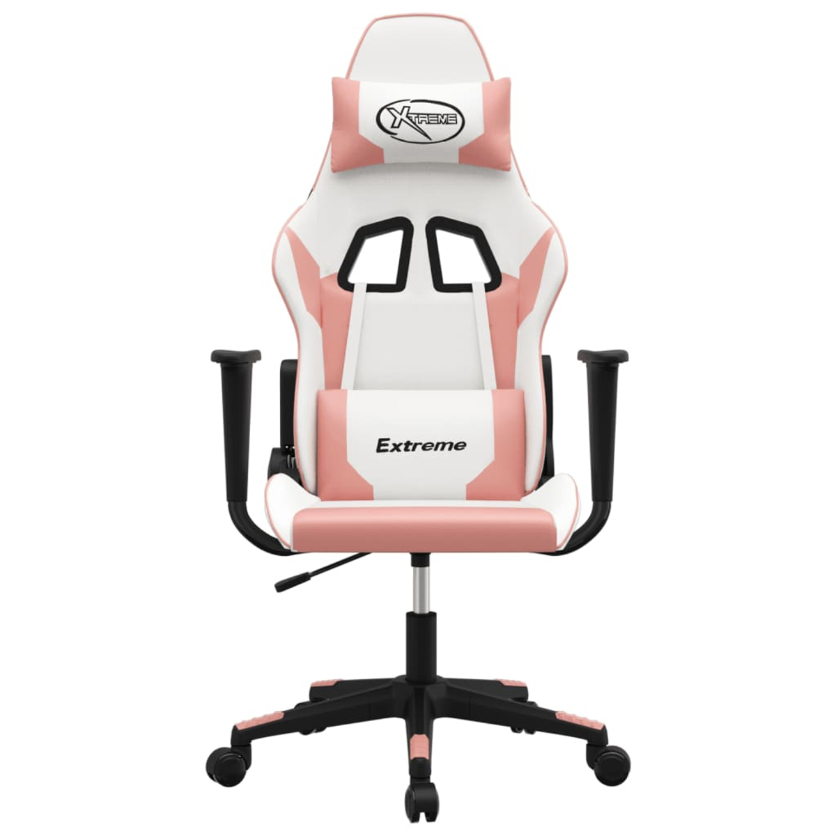Ein weißer und rosafarbener Gaming-Stuhl mit schwarzen Armlehnen und Rädern.