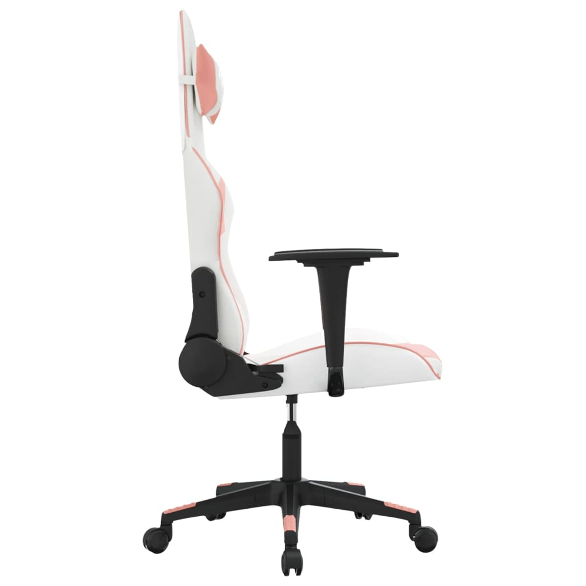 Ein weißer und pinker Gaming-Stuhl mit schwarzen Akzenten und Fünf-Rad-Basis.