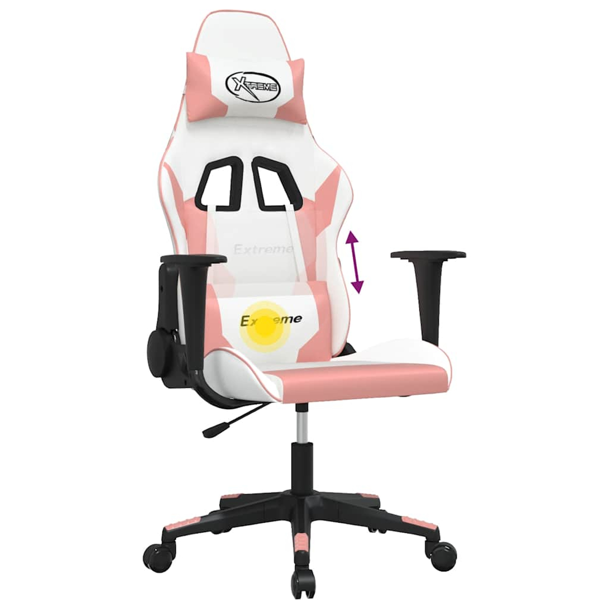 Ein weißer und rosa Gaming-Stuhl mit schwarzer Basis und Rädern.