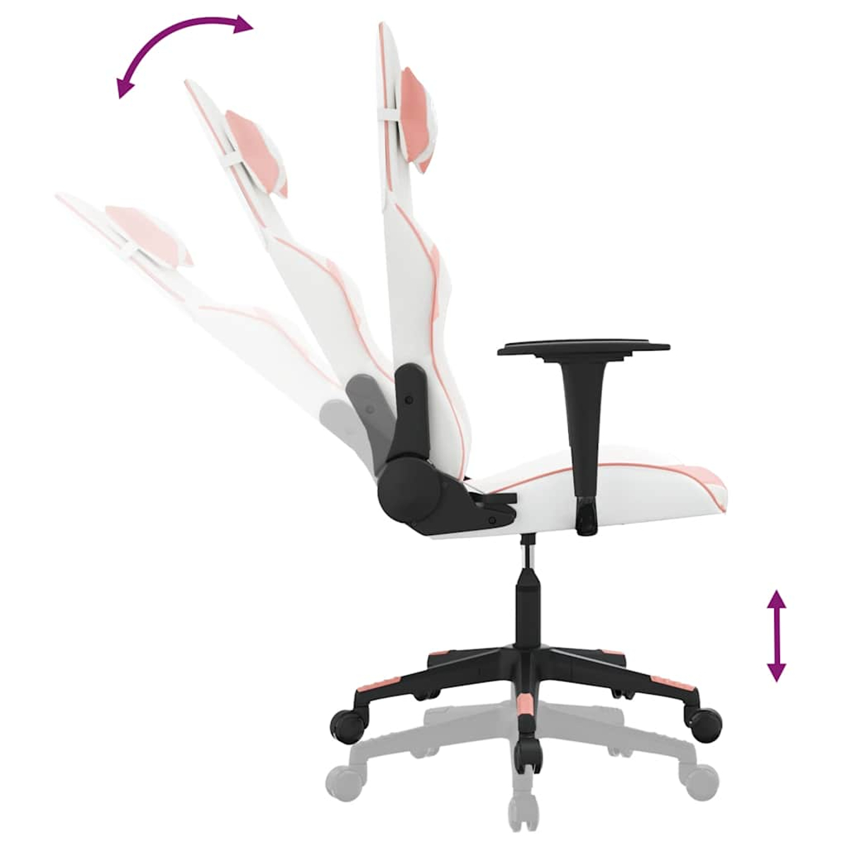 Weißer und pinker Gaming-Stuhl mit verstellbarer Rückenlehne und Höhe.