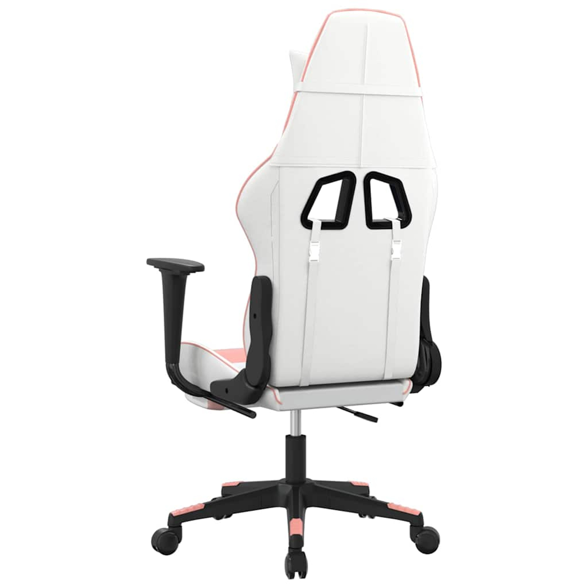 Eine weiße und rosafarbene Gaming-Stuhl-Rückansicht mit schwarzen Armlehnen und Rädern.