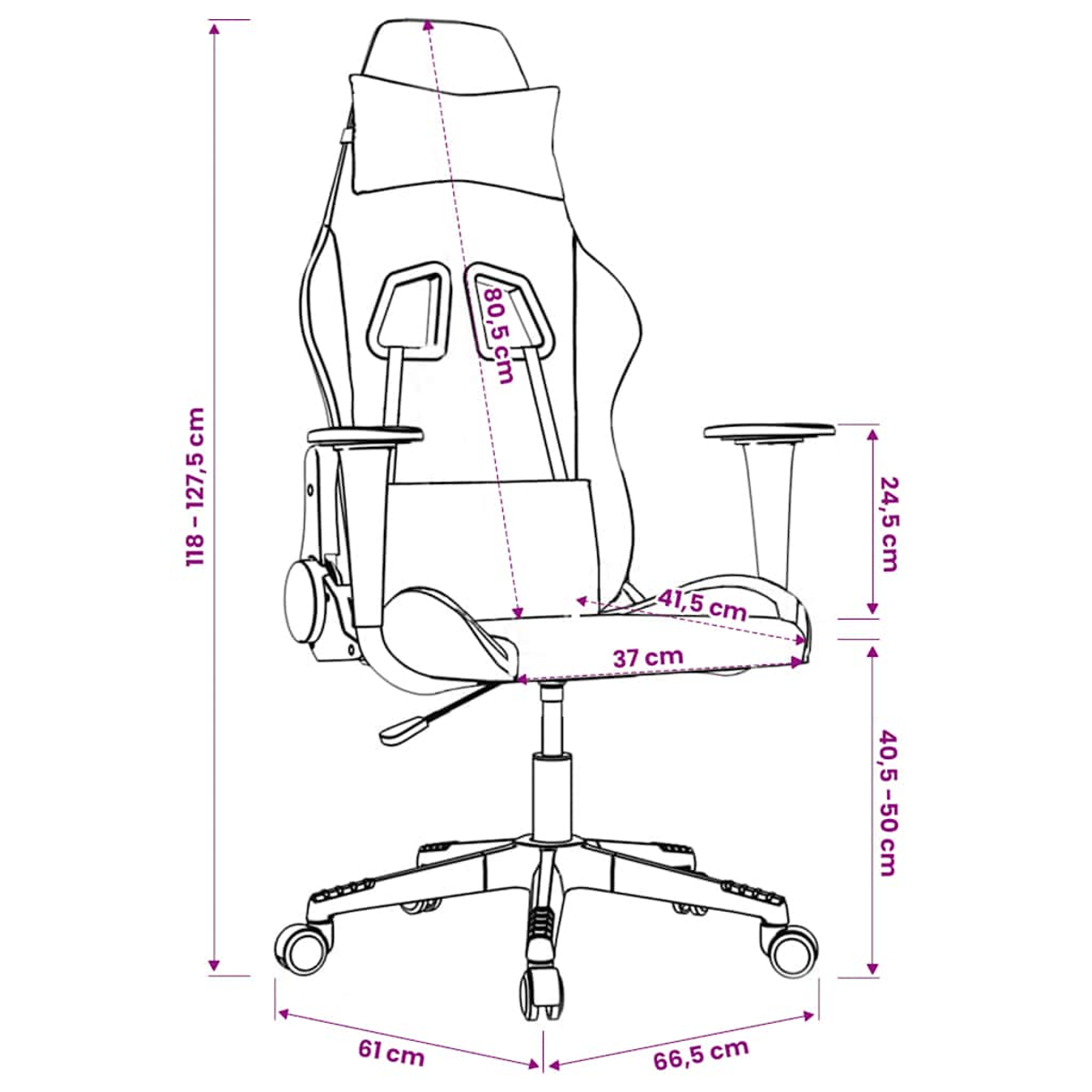 Diagramm eines schwarzen Gaming-Stuhls mit Abmessungen. Höhe 118-127,5cm, Rücken 80,5cm.