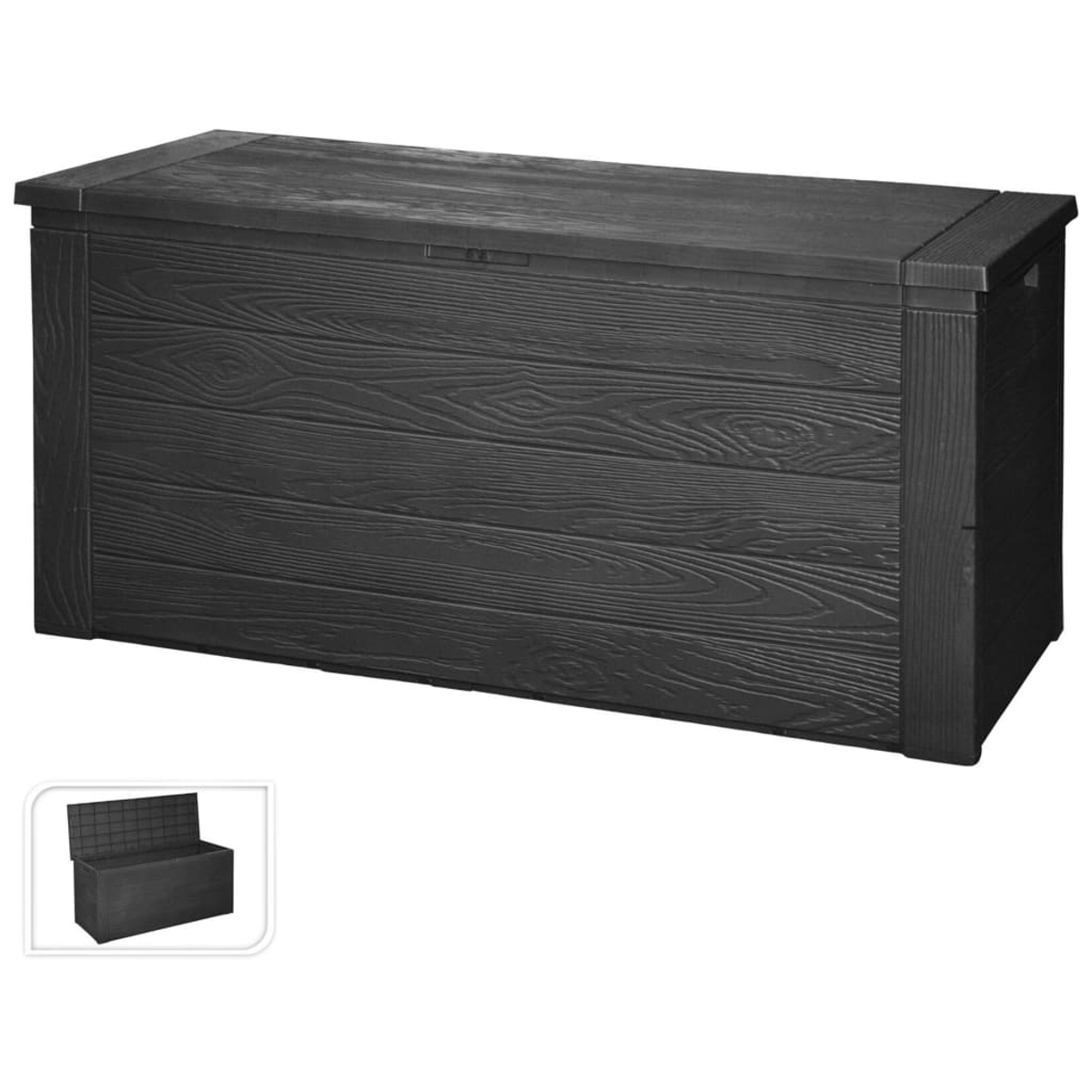 Eine schwarze Truhe mit Holzmaserung, offen und geschlossen.