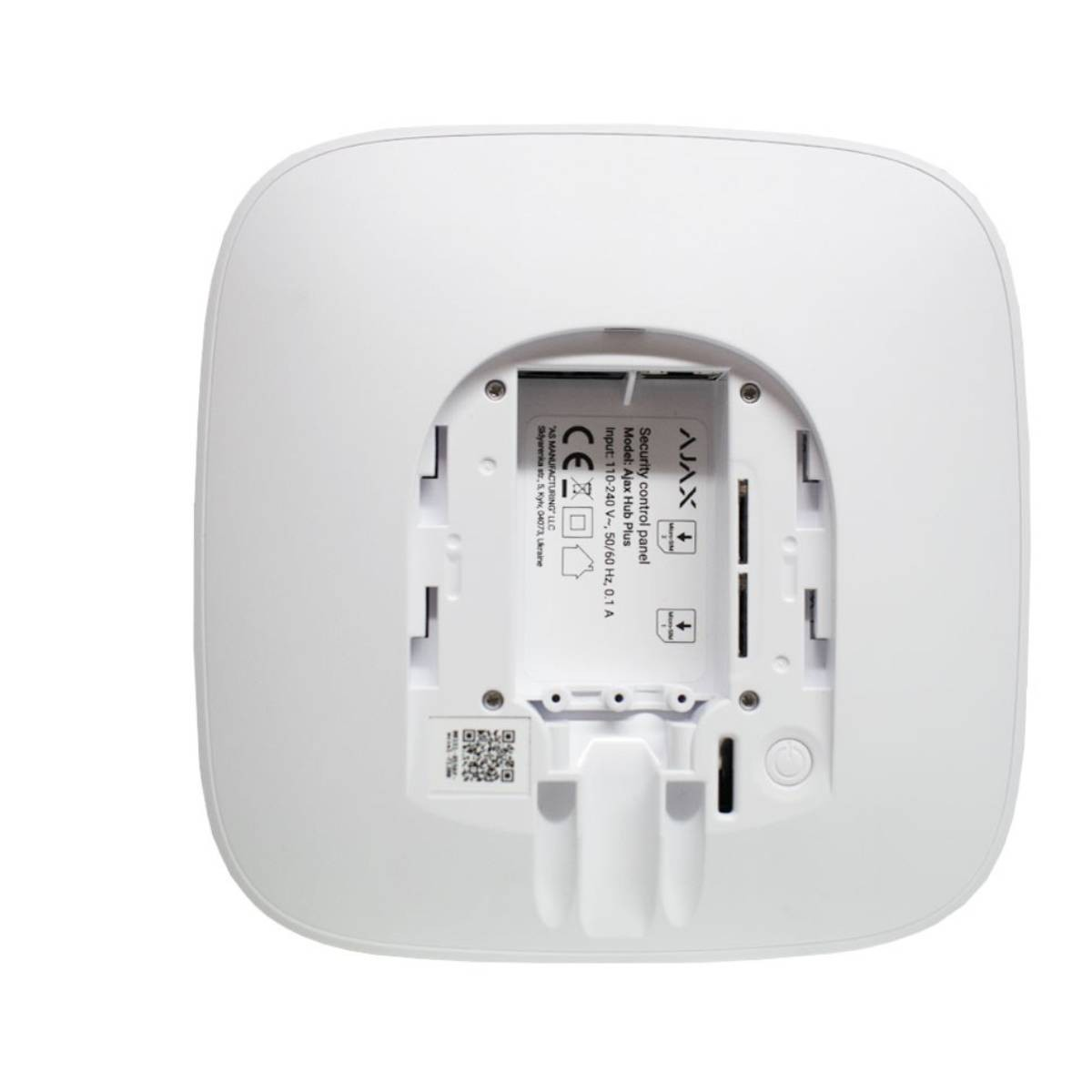 Panel de seguridad blanco Ajax Hub Plus, vista trasera con detalles técnicos y marca CE.