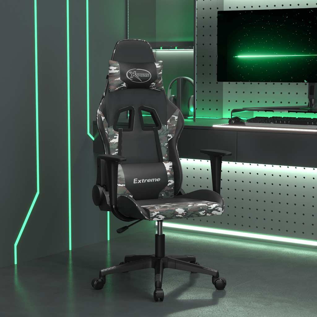 Una silla gamer negra con estampado de camuflaje y logo "Extreme".