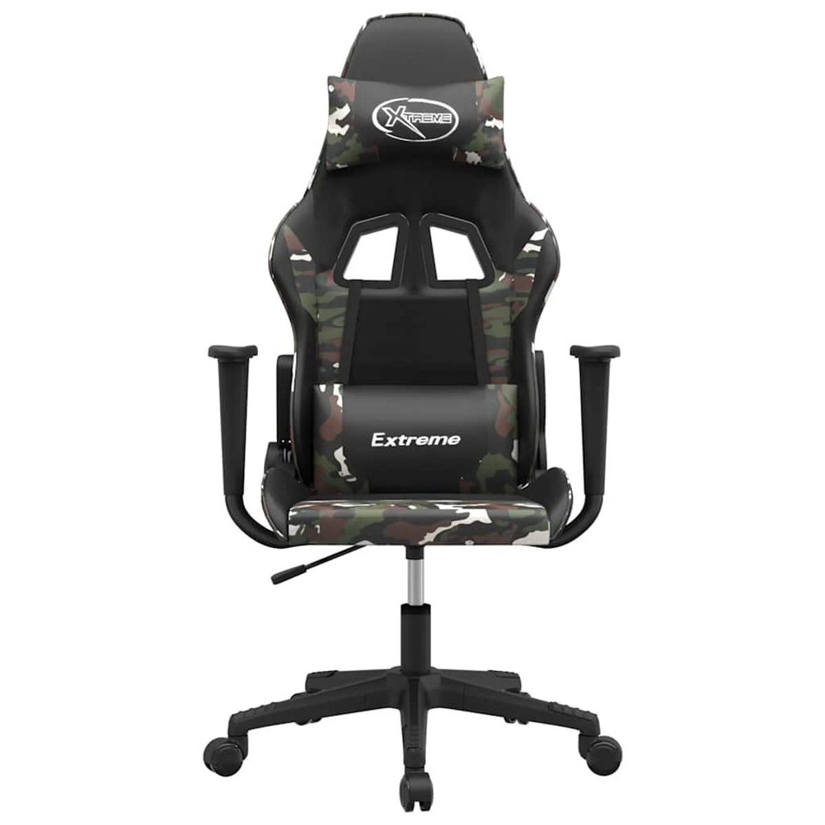 Una silla gamer negra con detalles de camuflaje y logo 'Extreme'.