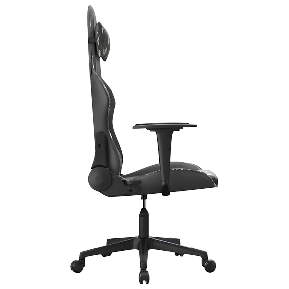 Silla gamer negra con reposacabezas y reposabrazos con ruedas.