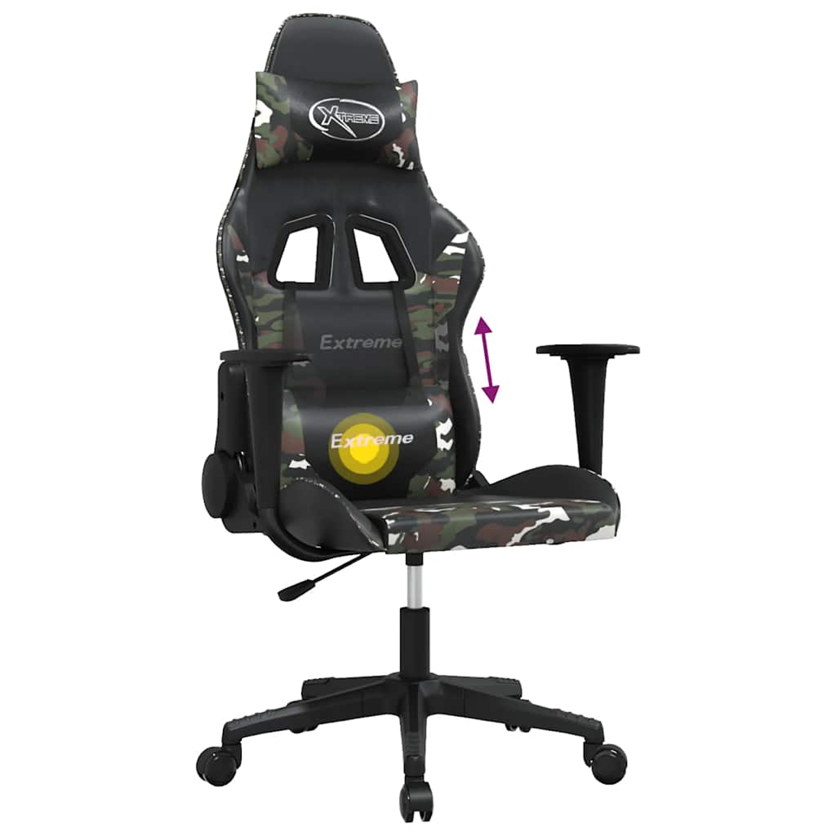 Una silla gamer negra con estampado de camuflaje y reposabrazos.