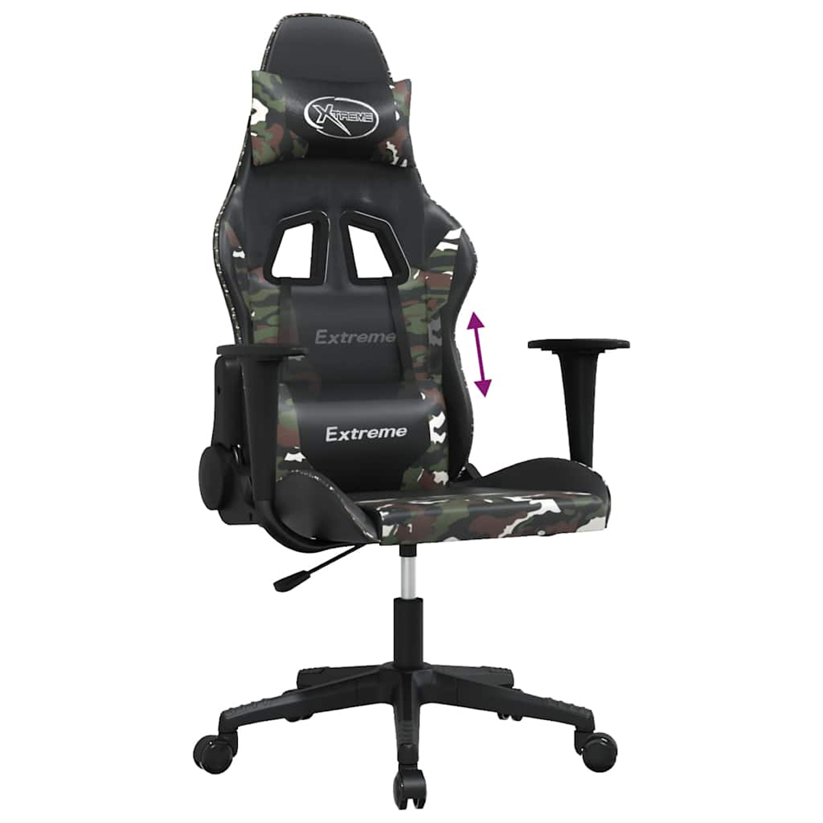 Silla gamer negra con estampado de camuflaje, reposacabezas y reposabrazos.