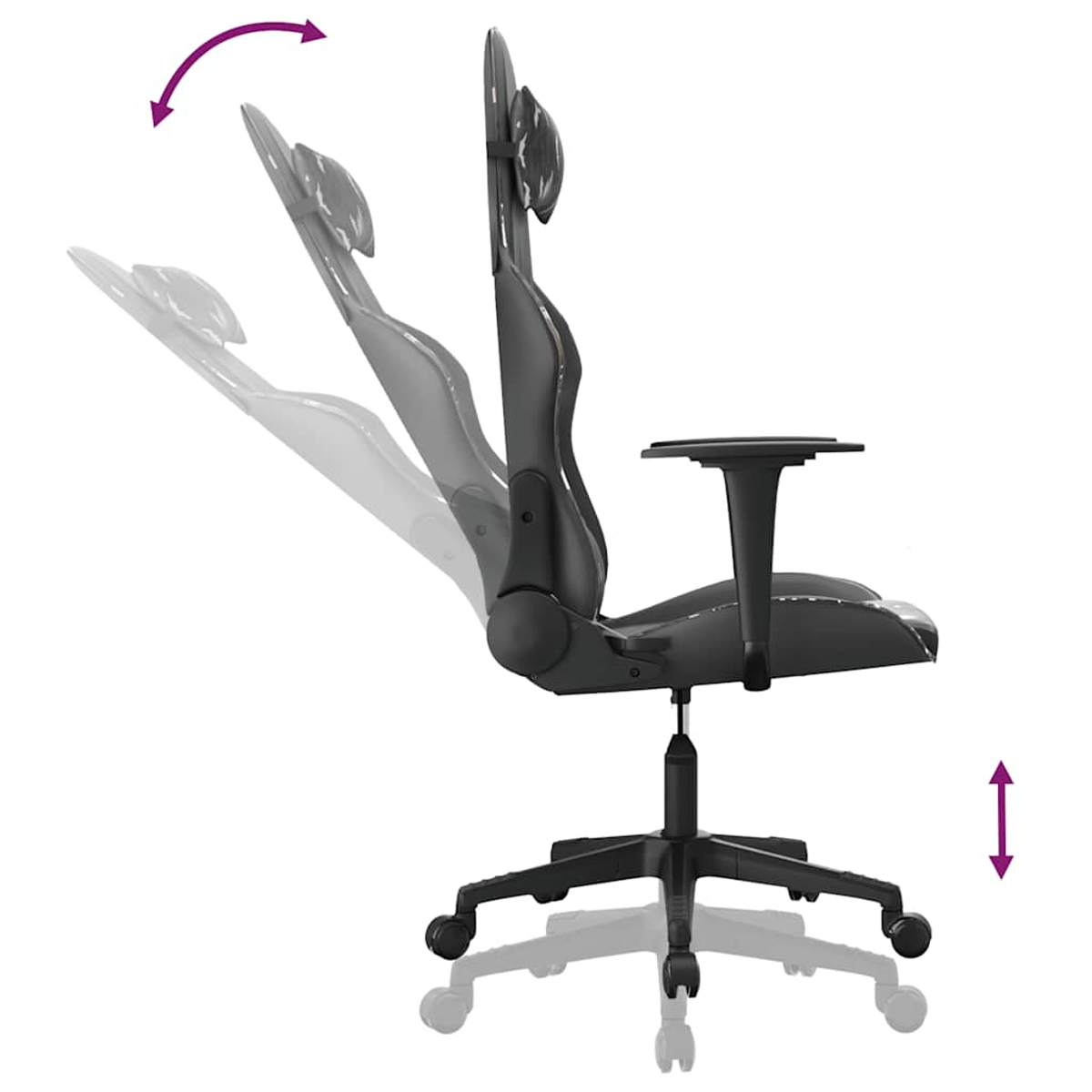 Una silla de oficina negra que muestra el respaldo y la altura del asiento ajustables.