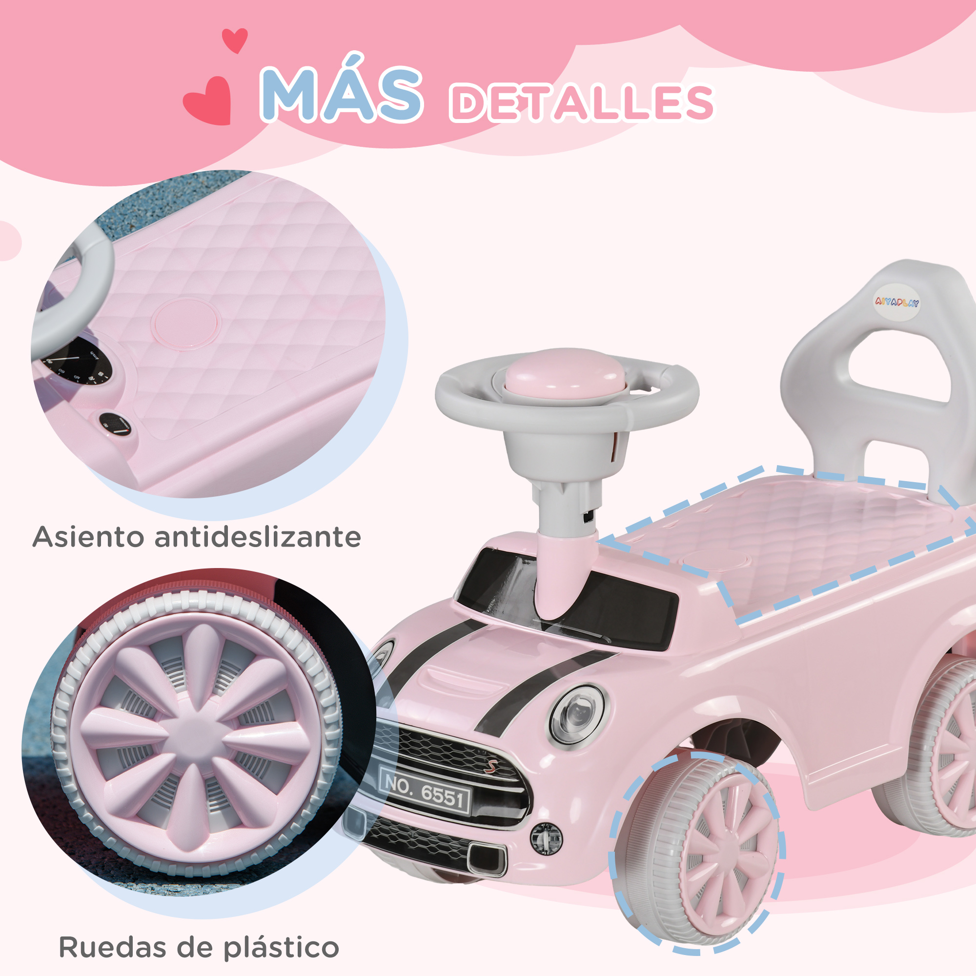 Un cochecito de juguete rosa con volante, asiento y ruedas.