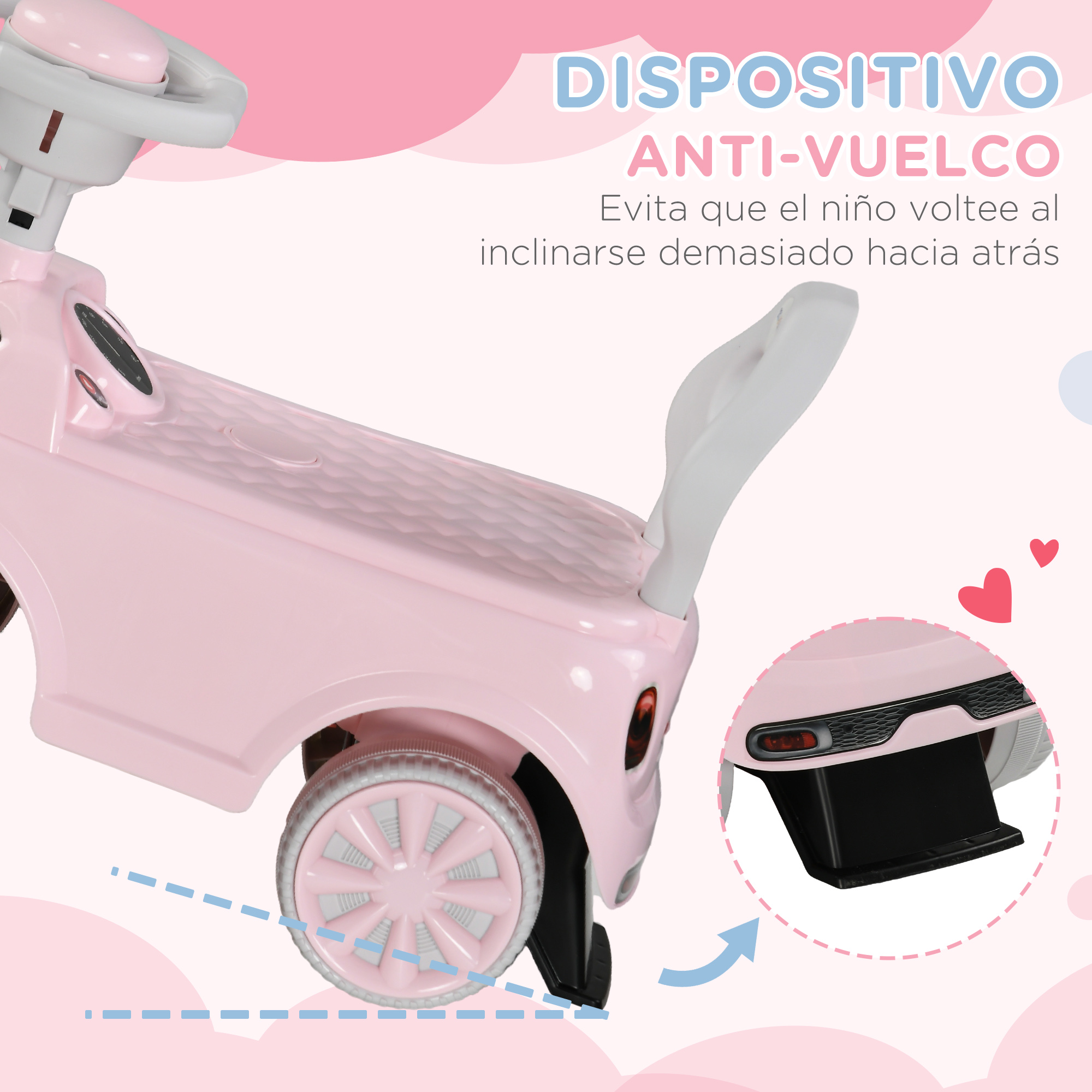 Un cochecito de juguete rosa con volante y parte trasera detallada.