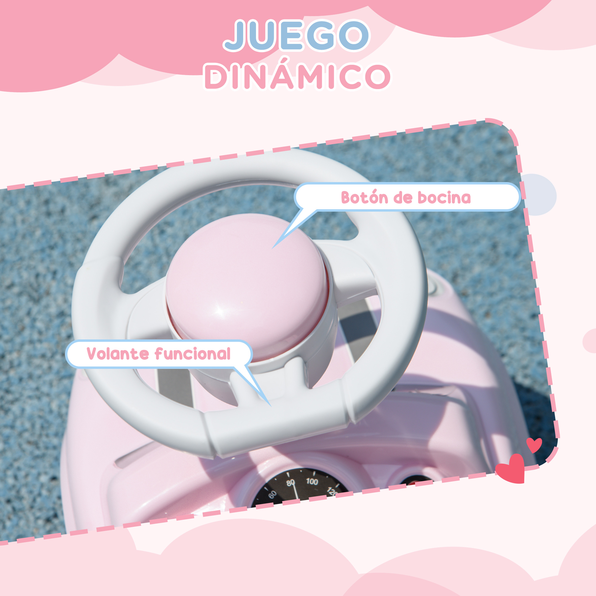 Un coche de juguete rosa con volante blanco y botón de bocina.