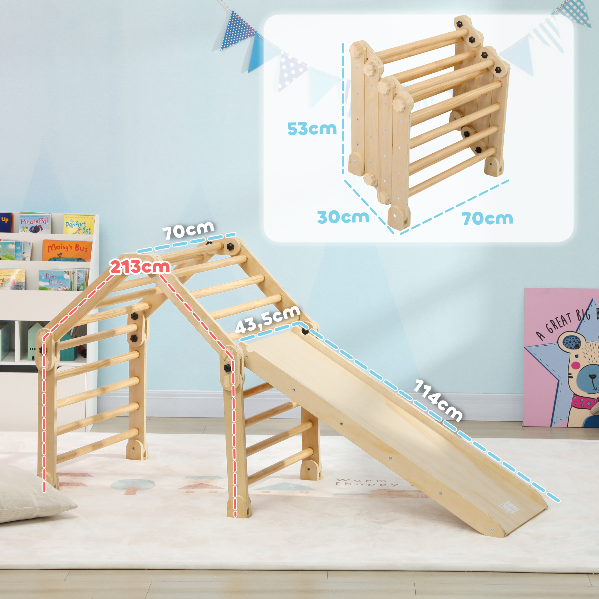 Estructura de escalada de madera con tobogán, se muestran las dimensiones.