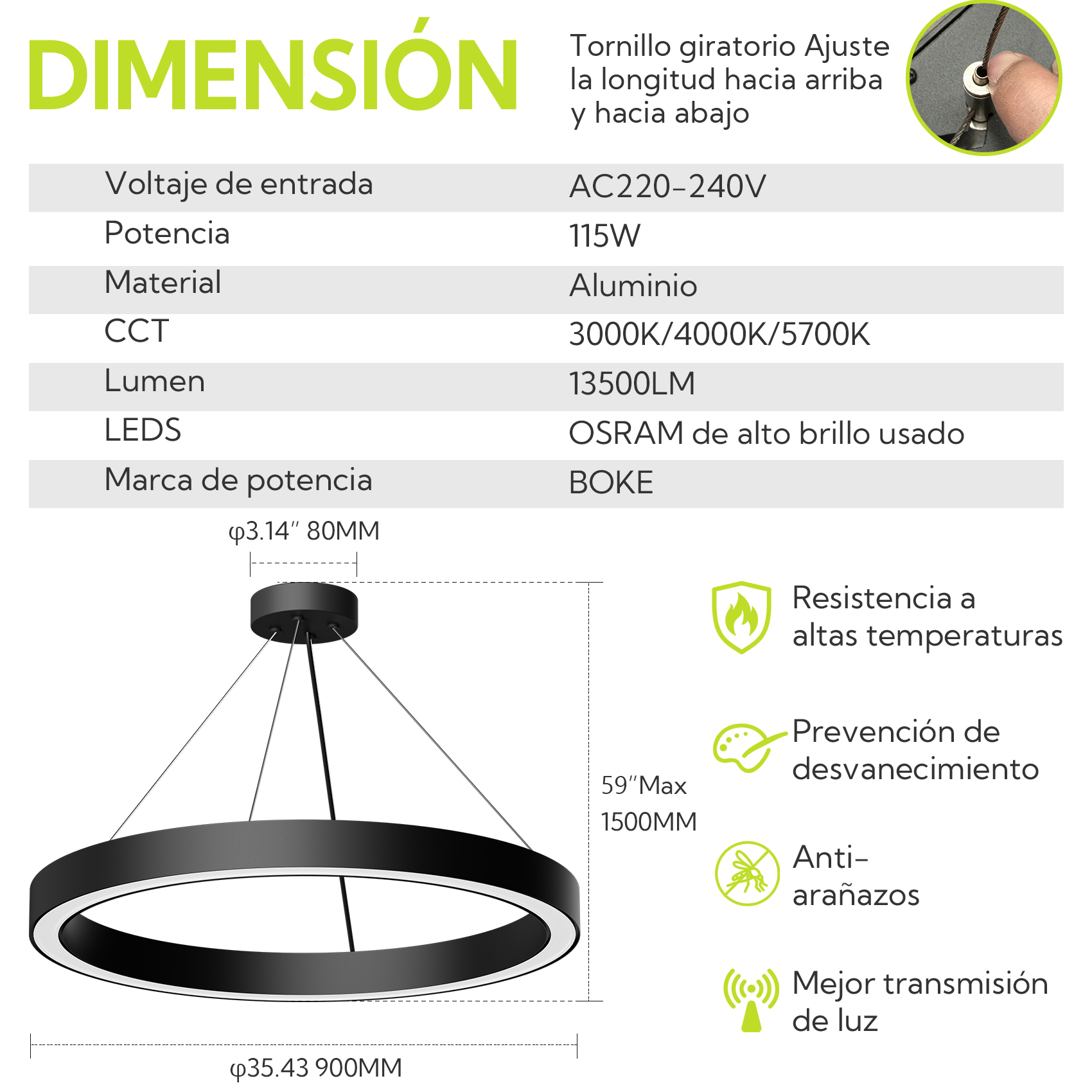 Lámpara de araña anular negra con especificaciones: 115W, 13500LM, aluminio.