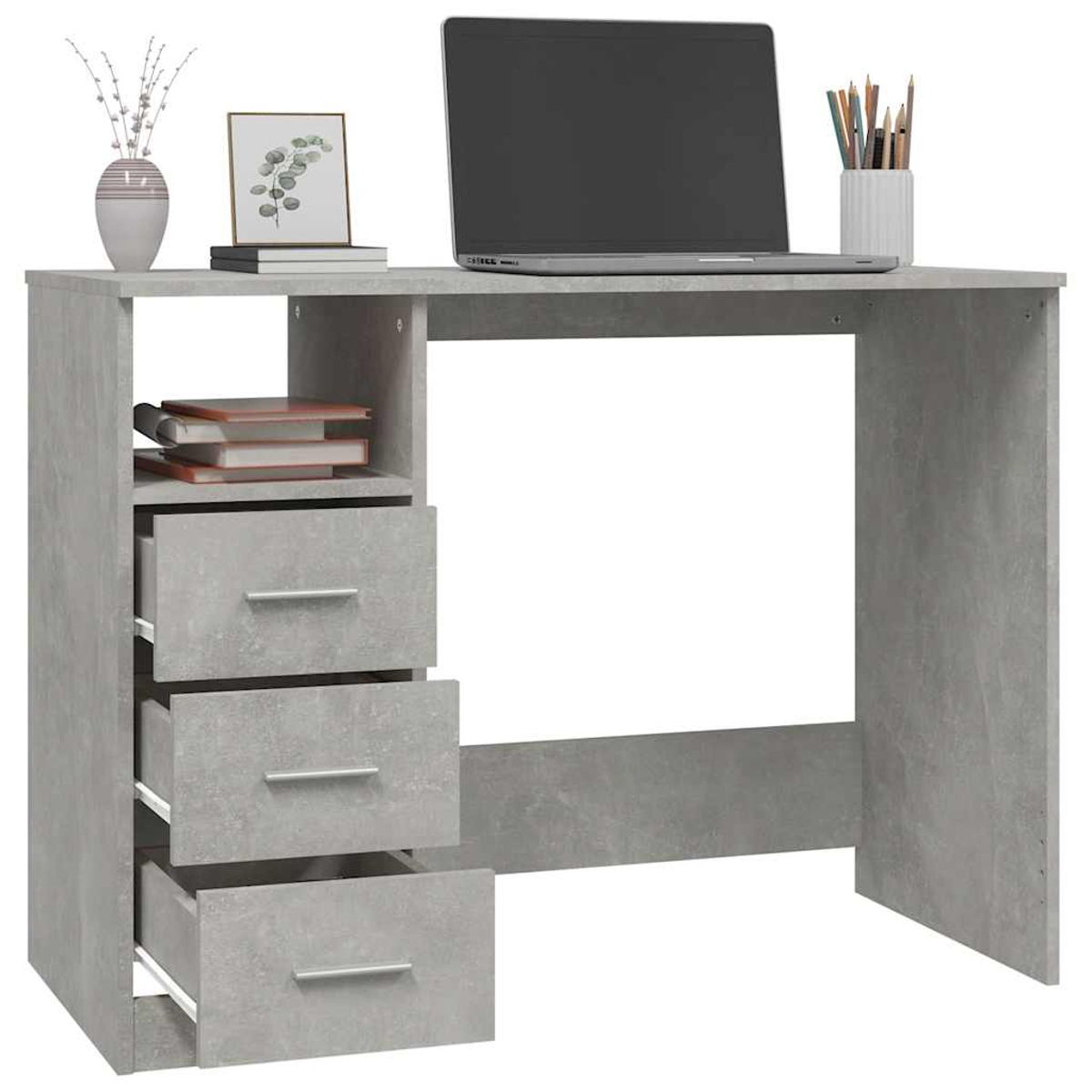 Grauer Schreibtisch mit Laptop, Büchern, Vase und Stiften.