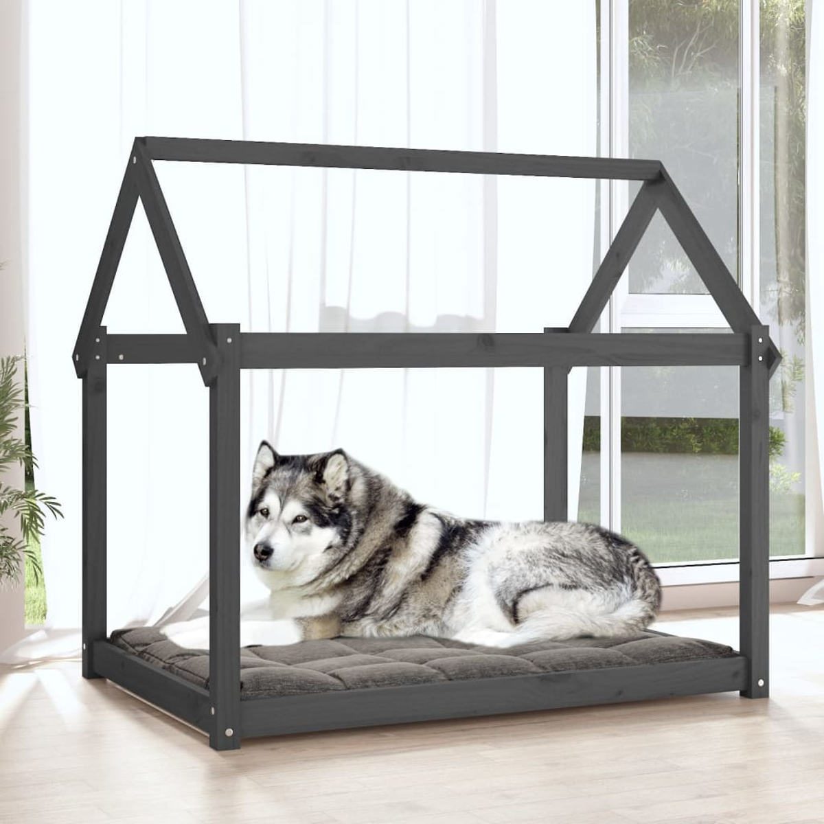 Ein Husky liegt auf einem Kissen in einem grauen Hundehaus vor einem Fenster.
