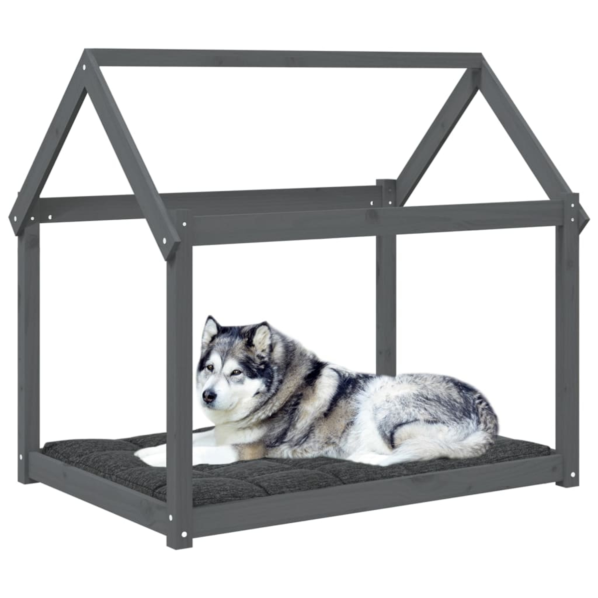 Ein Husky liegt auf einem grauen Kissen in einem grauen Hundebett.