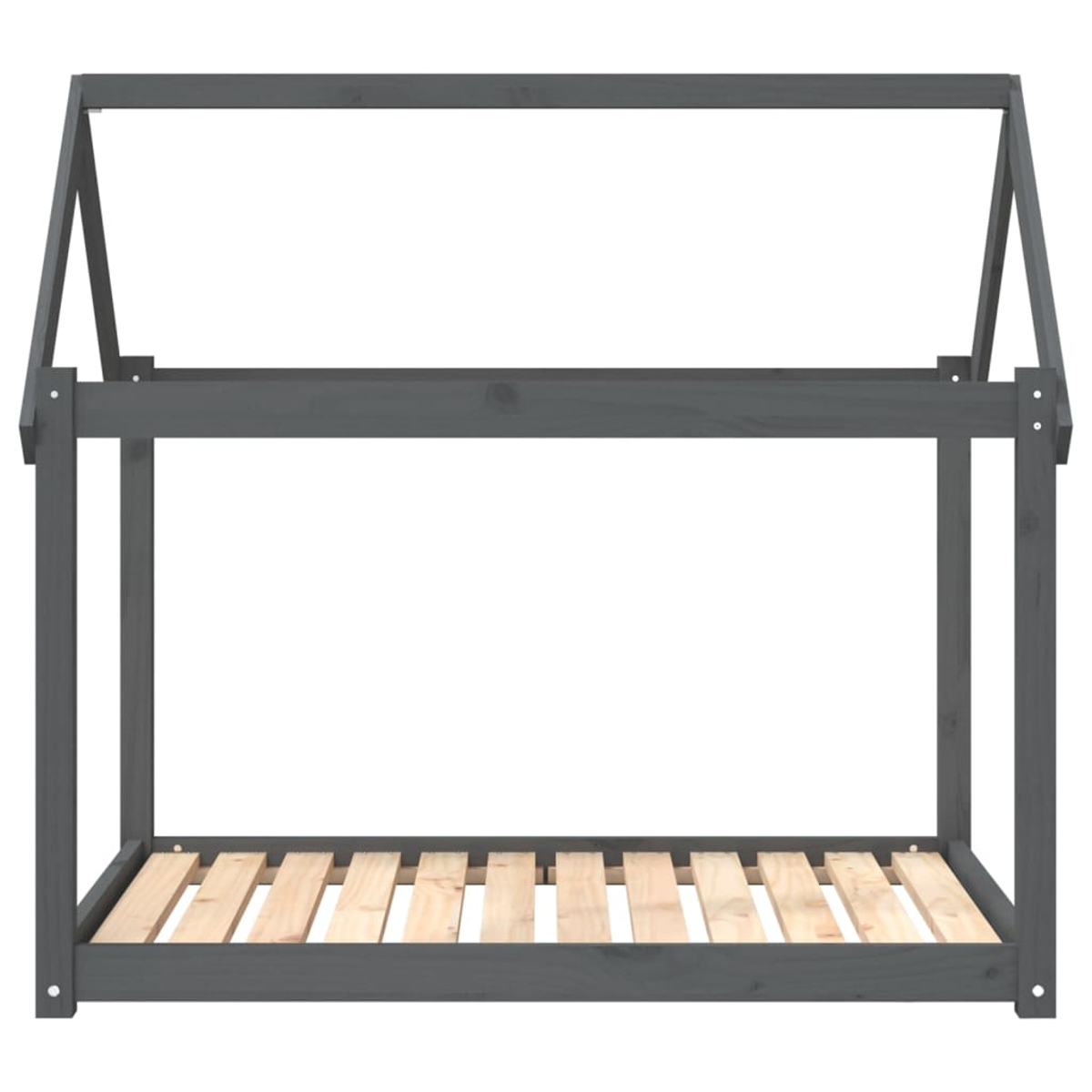 Ein anthrazitfarbener Bettrahmen in Hausform aus Holz mit Lattenrost, vor weißem Hintergrund.