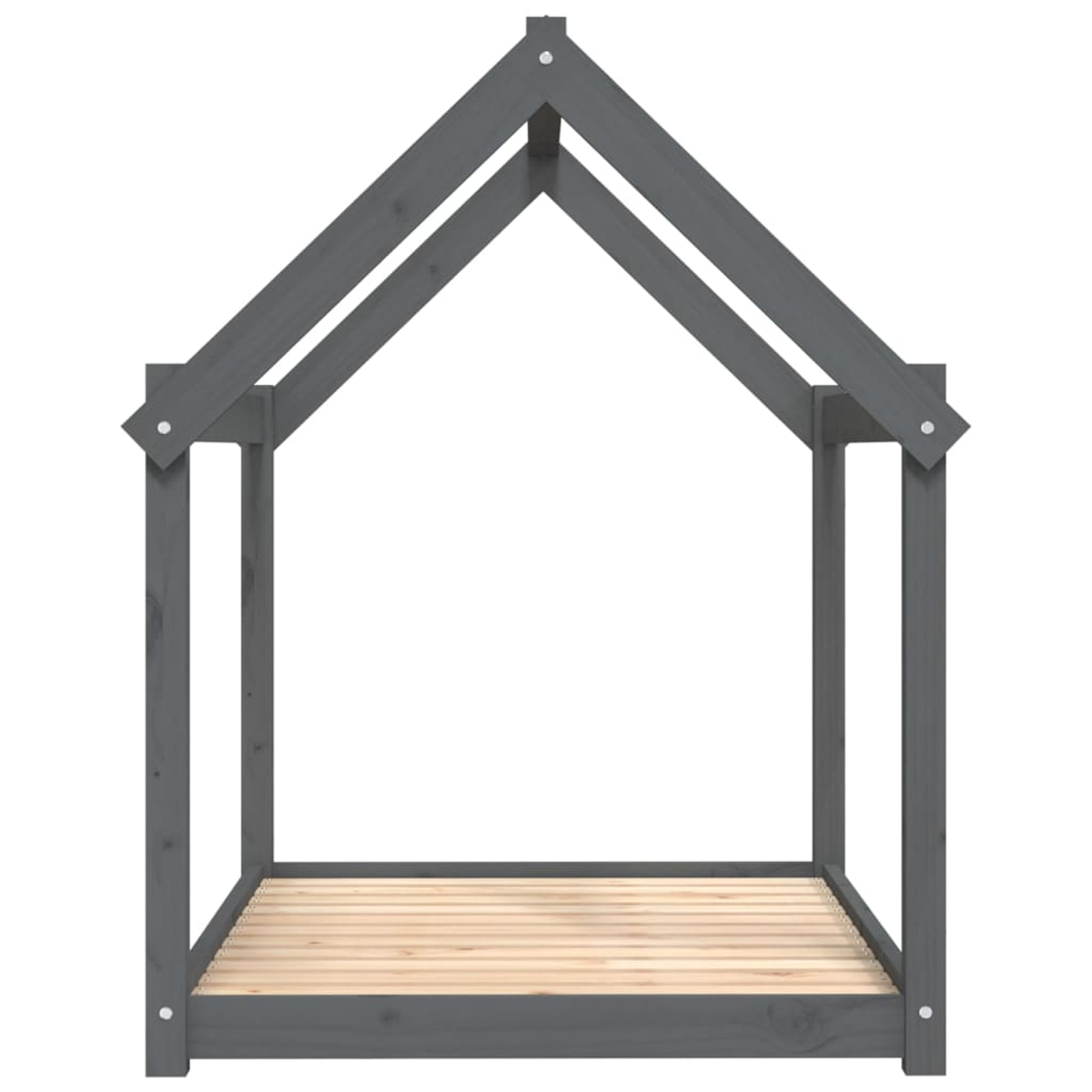 Ein graues Holzhausbett mit Lattenrost, freigestellt.