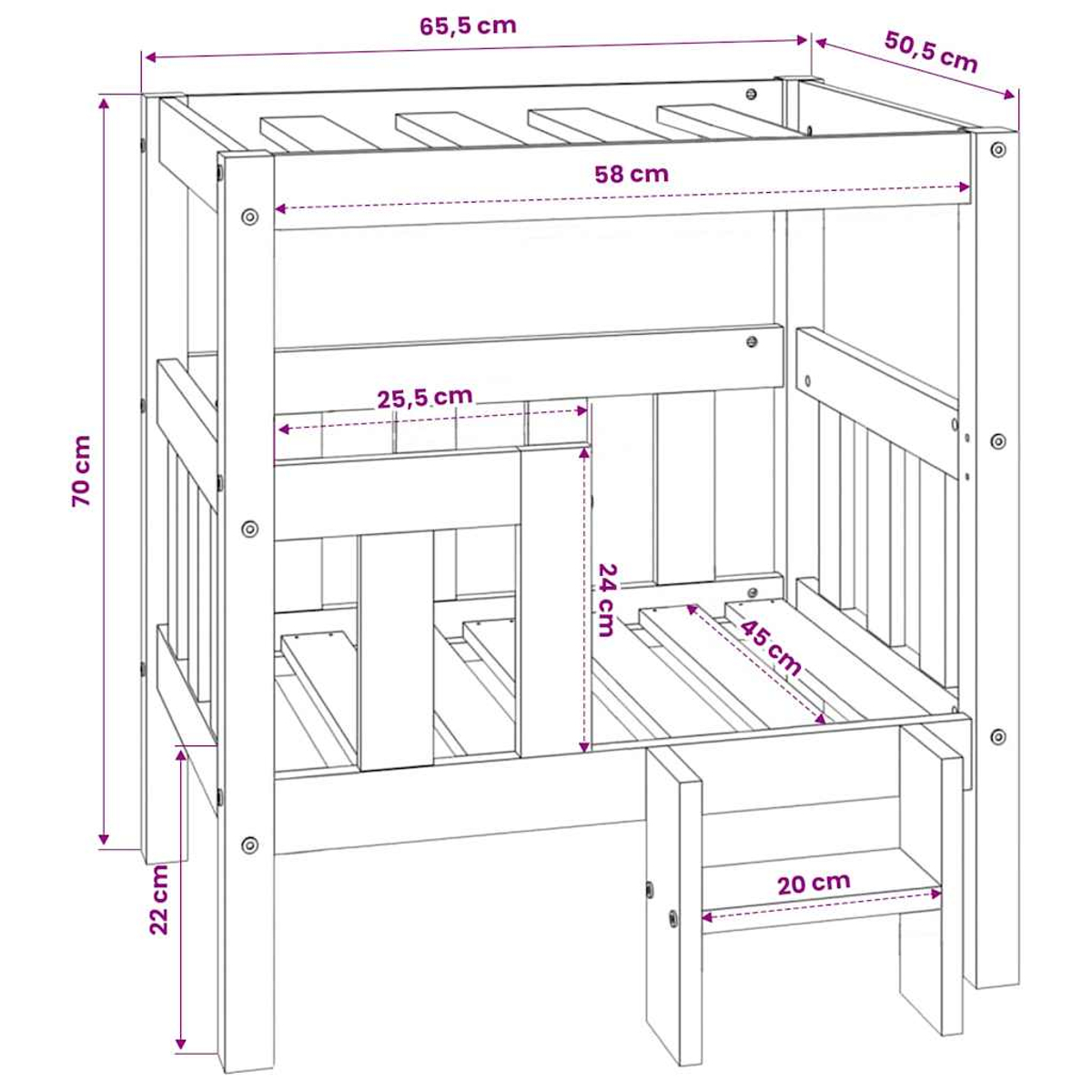Holzkonstruktion mit Maßen: Höhe 70 cm, Breite 65,5 cm, Tiefe 50,5 cm.