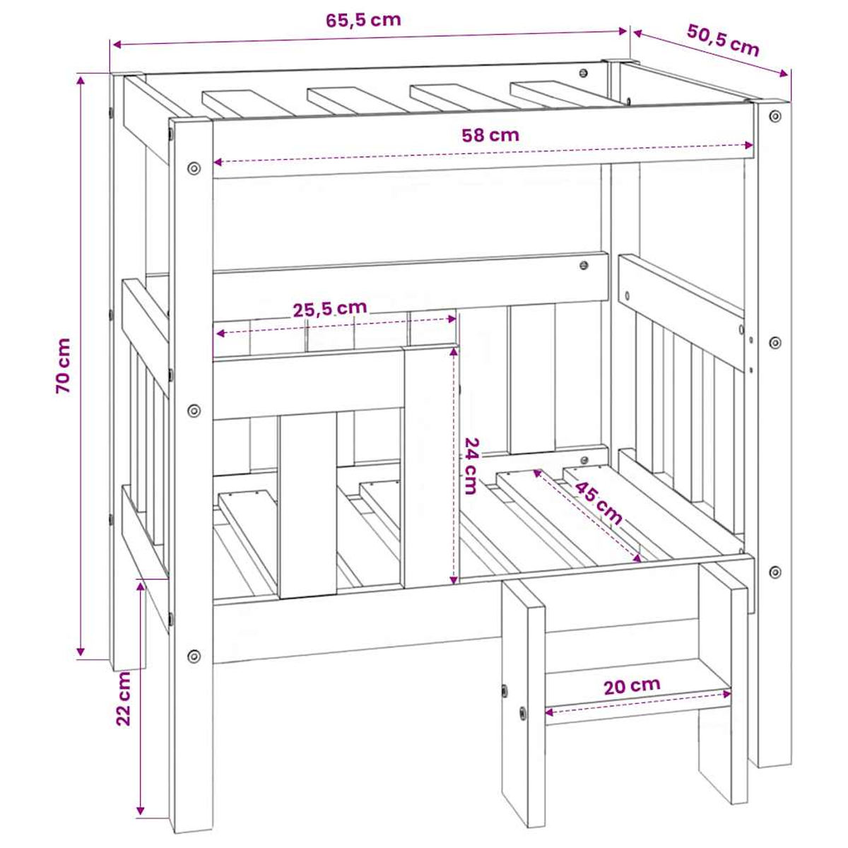 Holzkonstruktion mit Maßen: 70cm H, 65.5cm B, 50.5cm T.