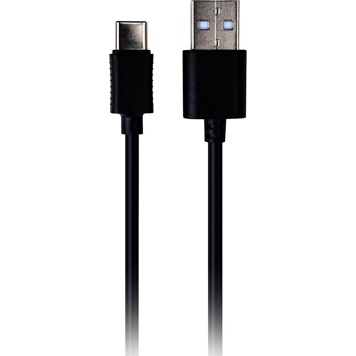 Un cable USB-C negro y un cable USB-A uno al lado del otro.