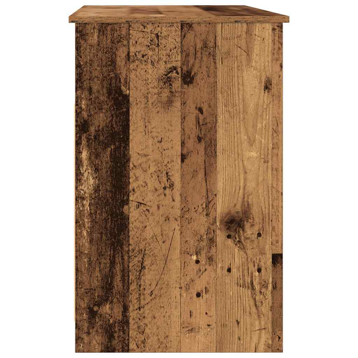 Seite eines Holzmöbels mit vertikalen Brettern und Maserung.