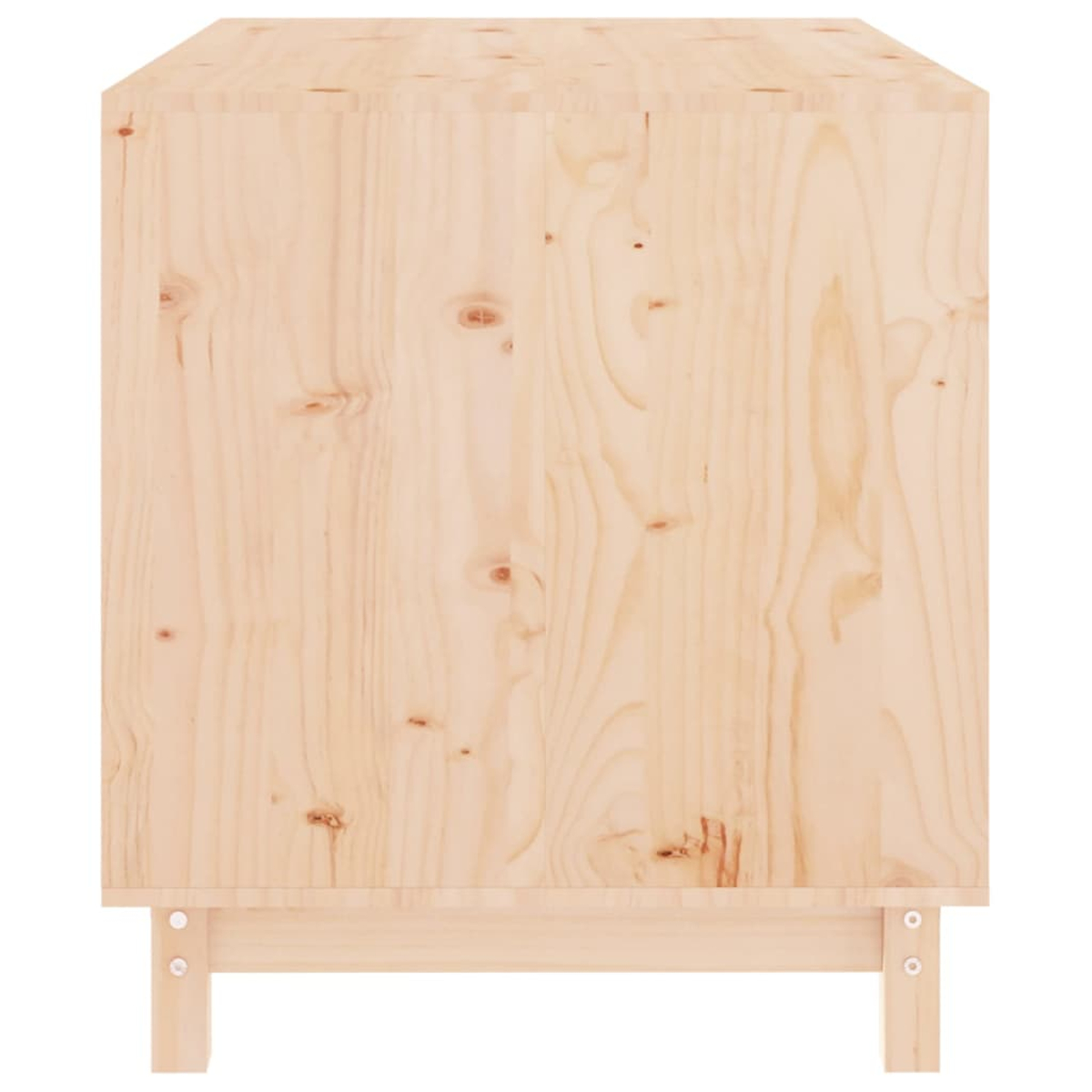 Ein heller Holzwürfel mit sichtbaren Holzmasern und vier Beinen.