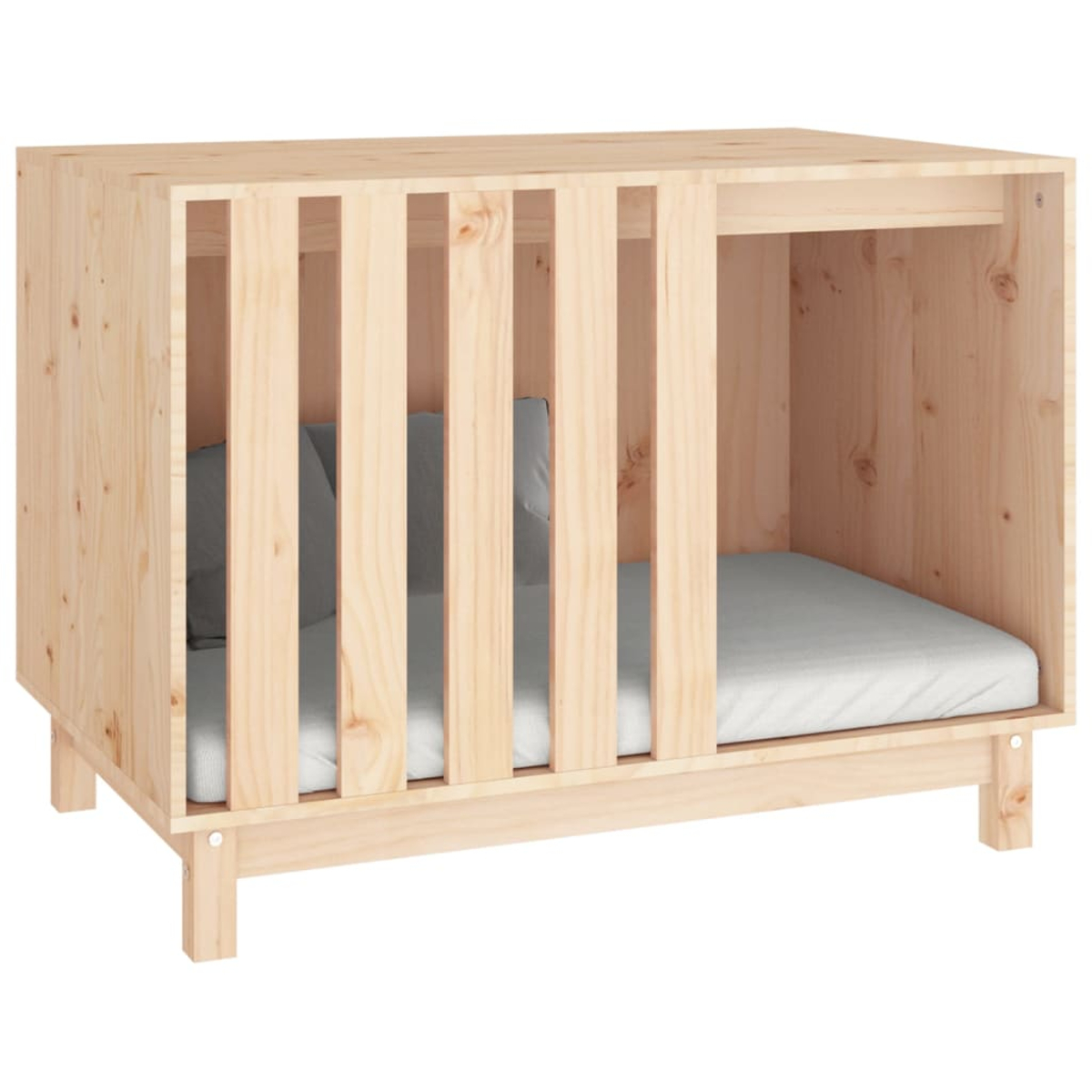 Ein helles Holzhaus für Haustiere mit einem Bett und Kissen darin.