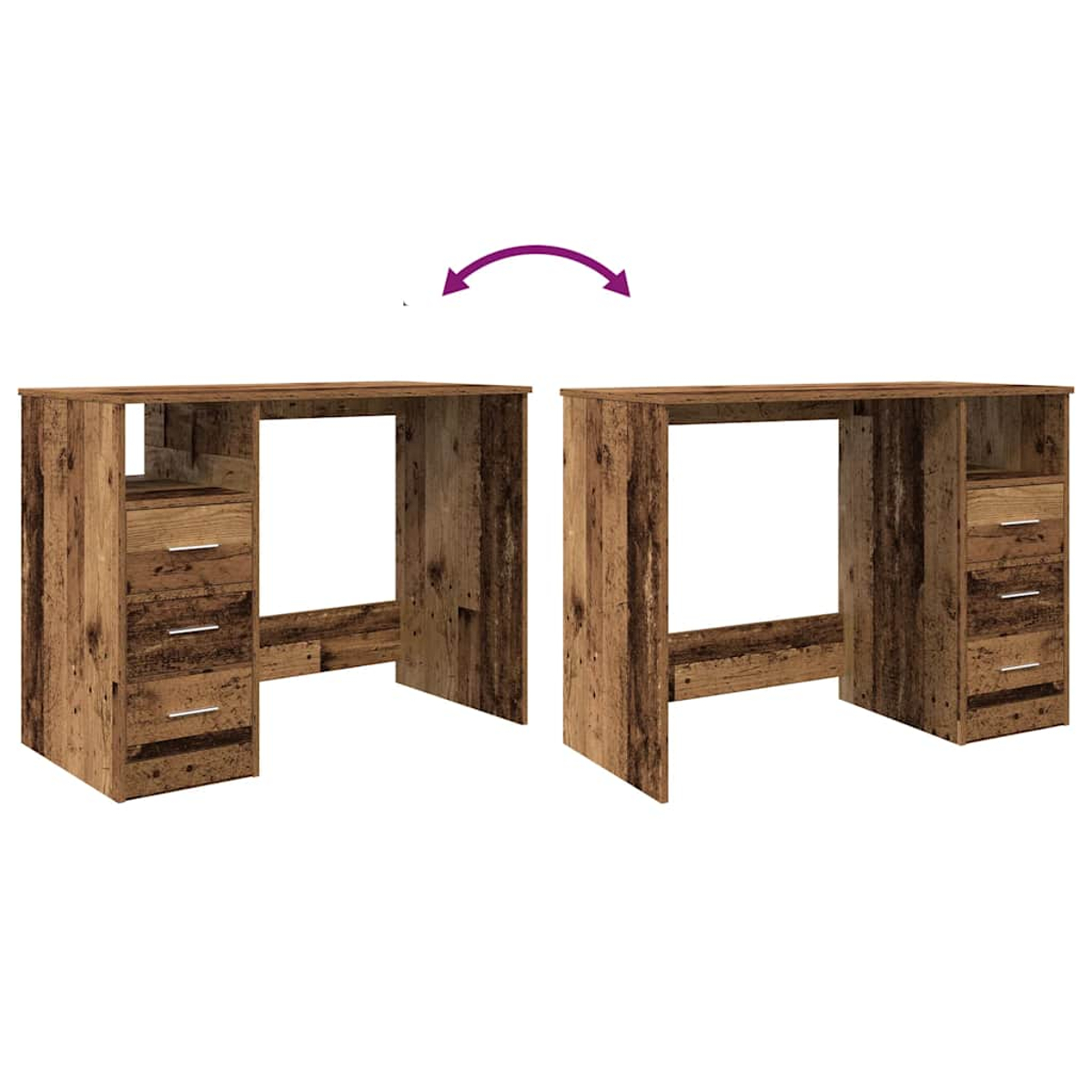 Zwei Holztische nebeneinander mit Schubladen und einem Pfeil, der eine Drehung anzeigt.