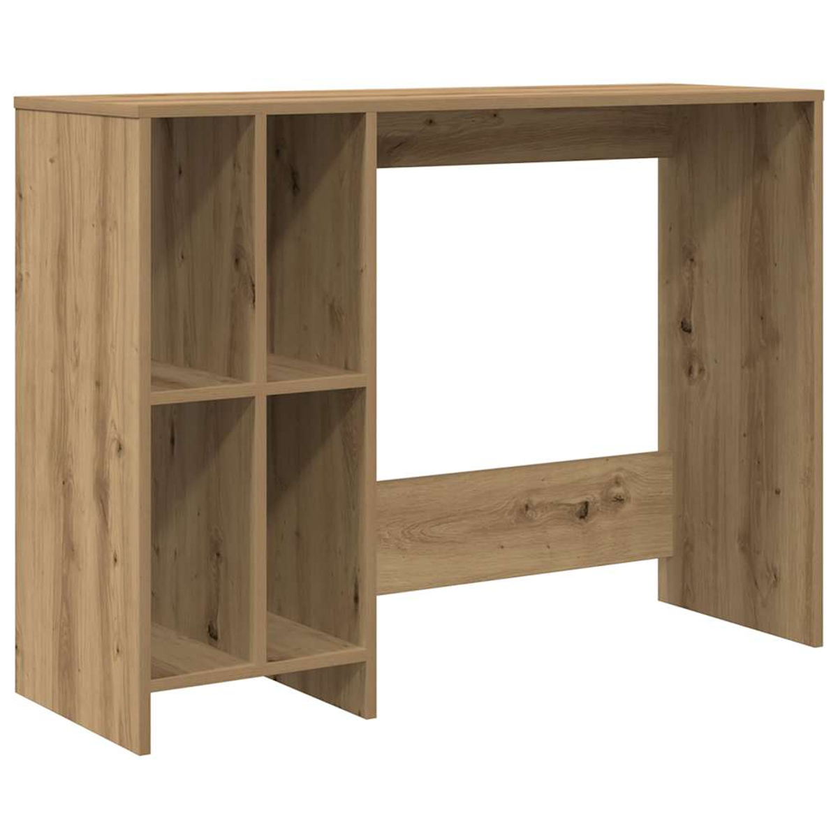 Holzfarbene Schreibtisch-Einheit mit offenen Fächern links und einer großen Öffnung.