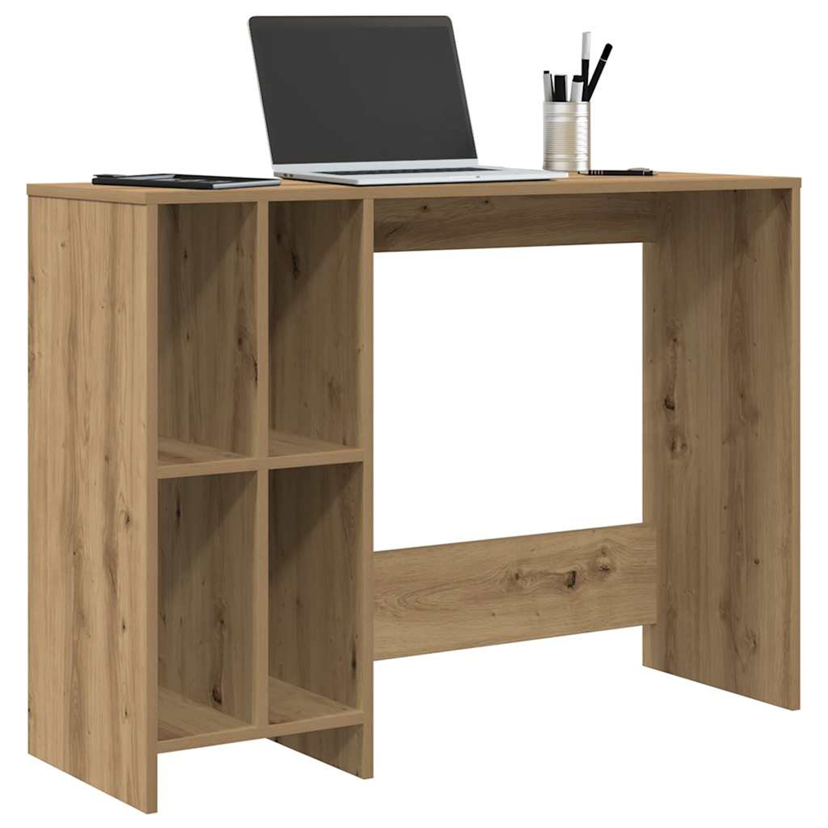 Ein hölzerner Schreibtisch mit Laptop, Stiften und einem Fach für Bücher.
