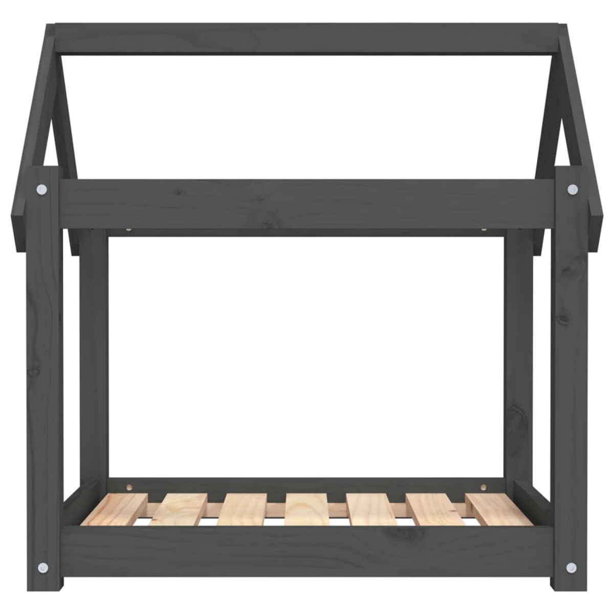 Ein dunkelgraues Holzhausrahmenbett mit Lattenrost auf weißem Grund.