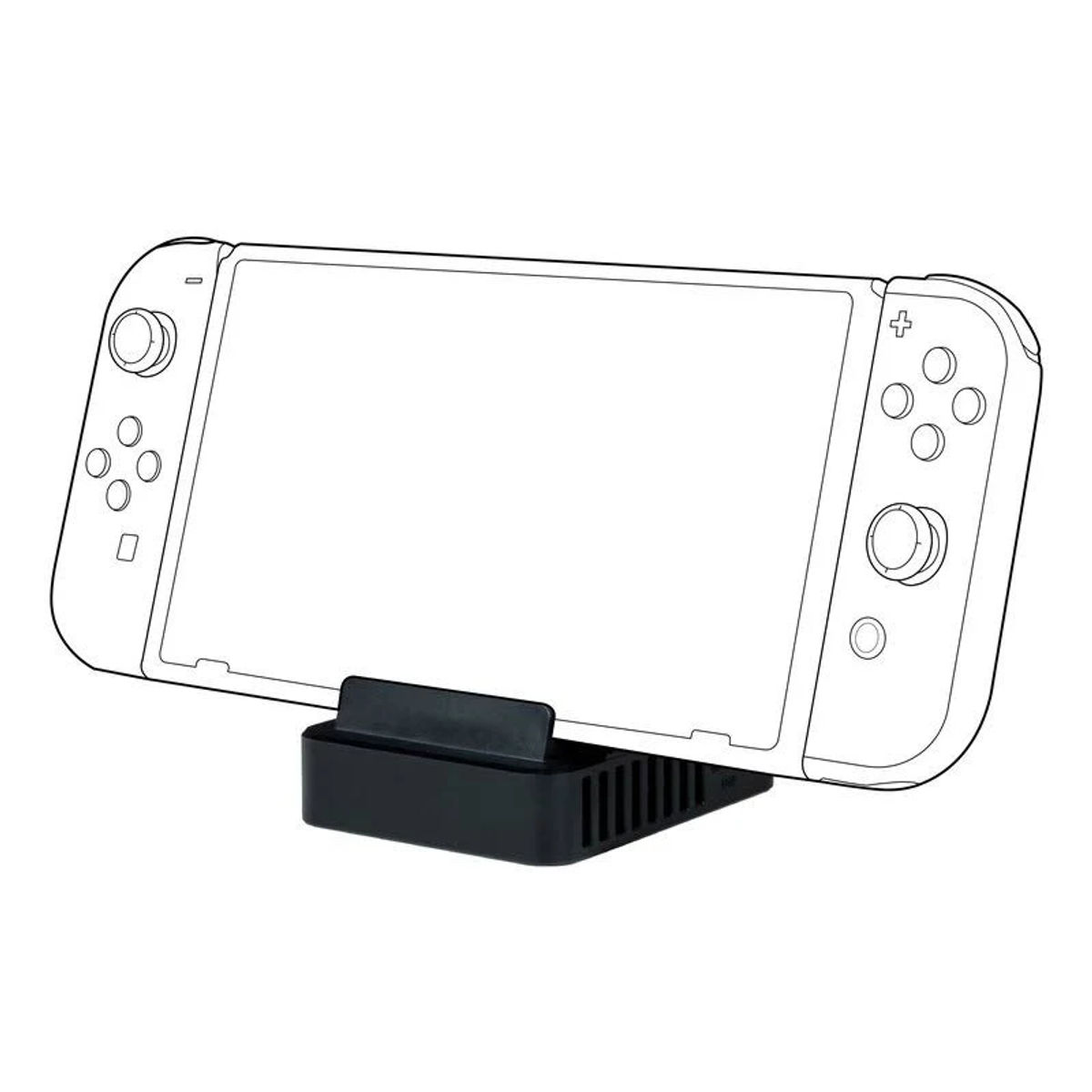 Un supporto nero tiene una console di gioco, angolata verso l'alto. Il contorno della console è disegnato.