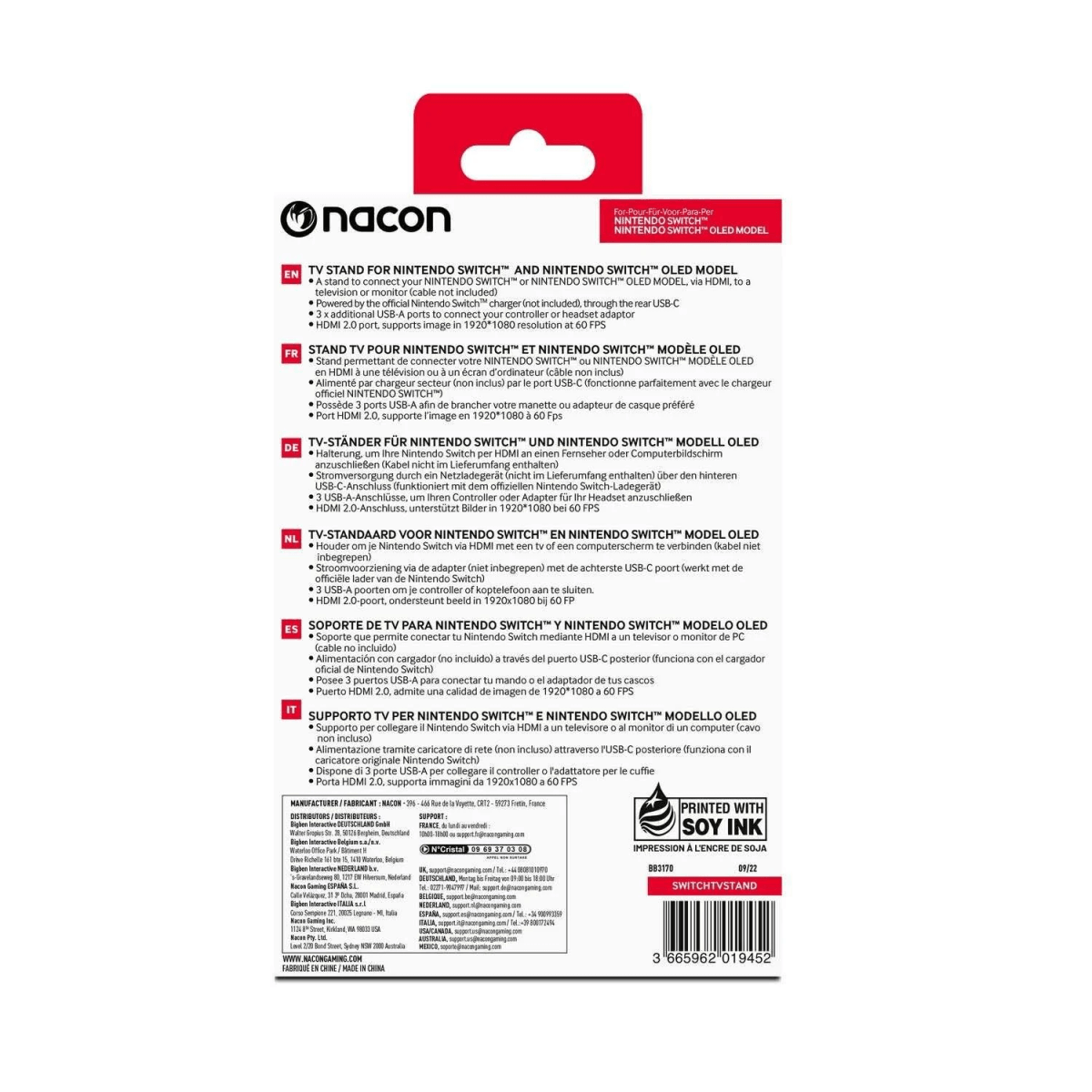 Confezione di un supporto TV Nacon per Nintendo Switch con testo multilingue.