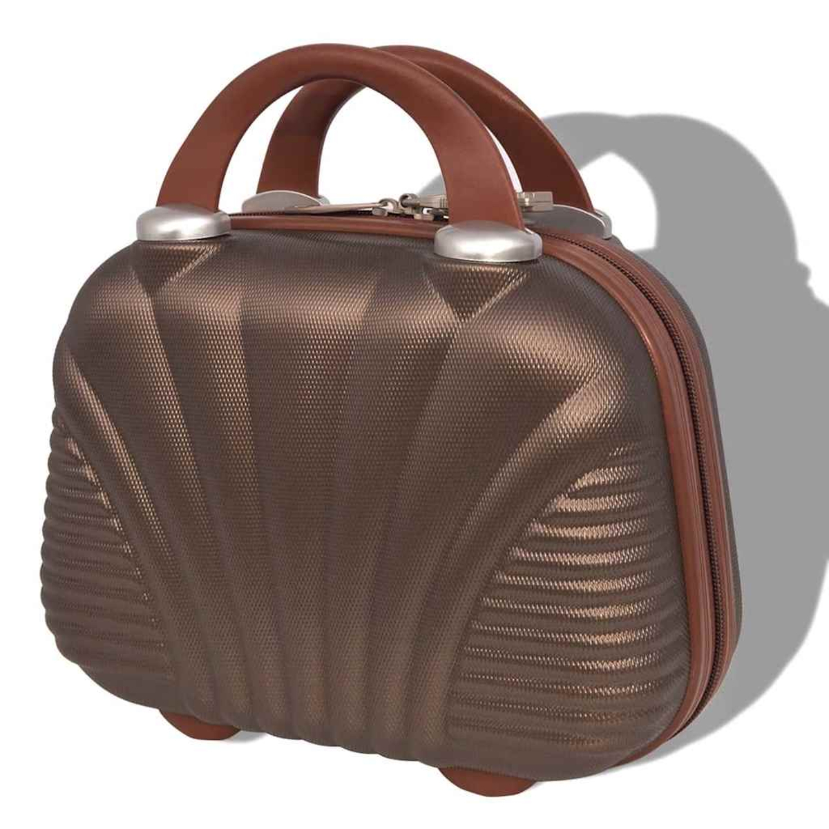 Eine braune Kosmetiktasche mit zwei Henkeln und einem Reißverschluss.