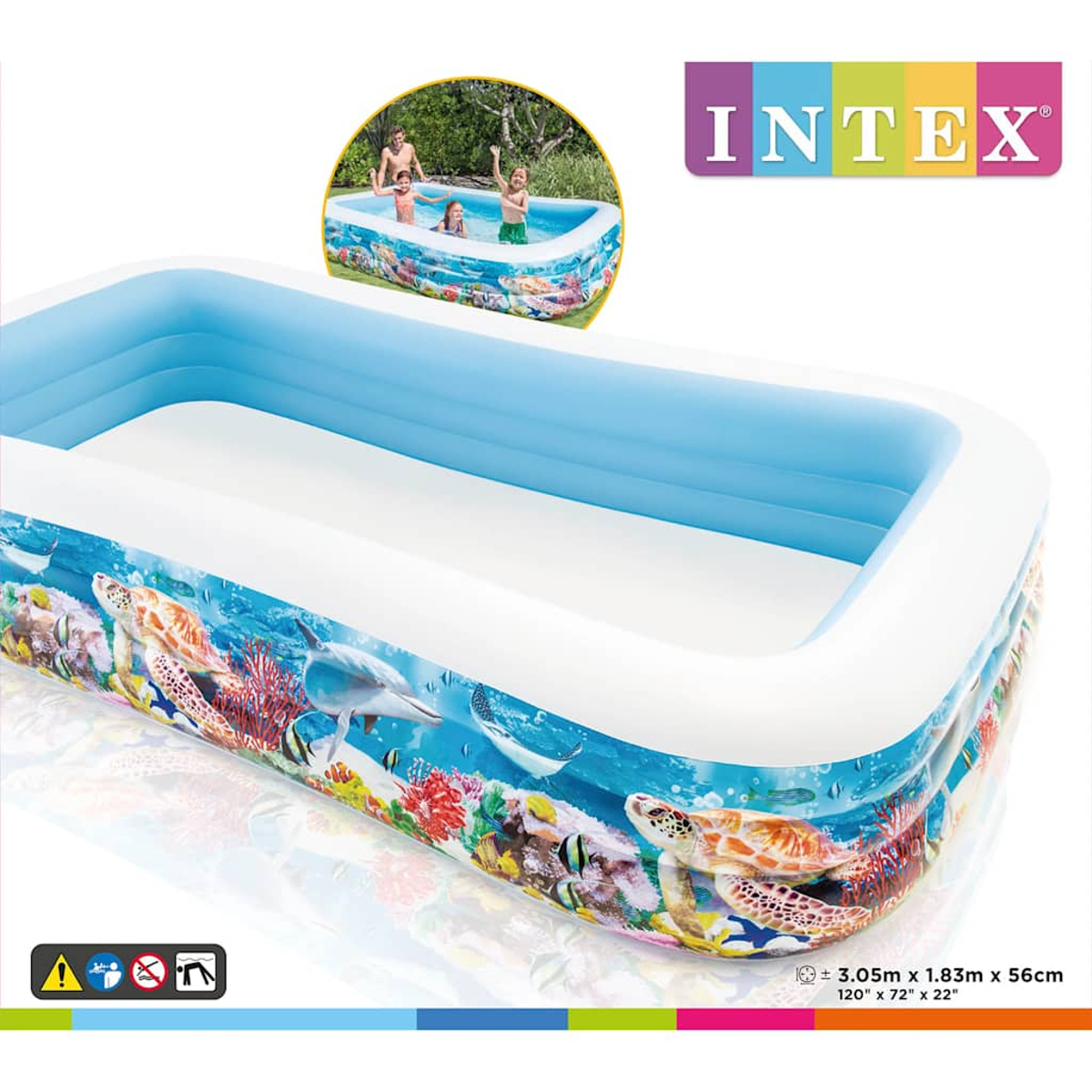 Piscina inflable con temática submarina y niños jugando.