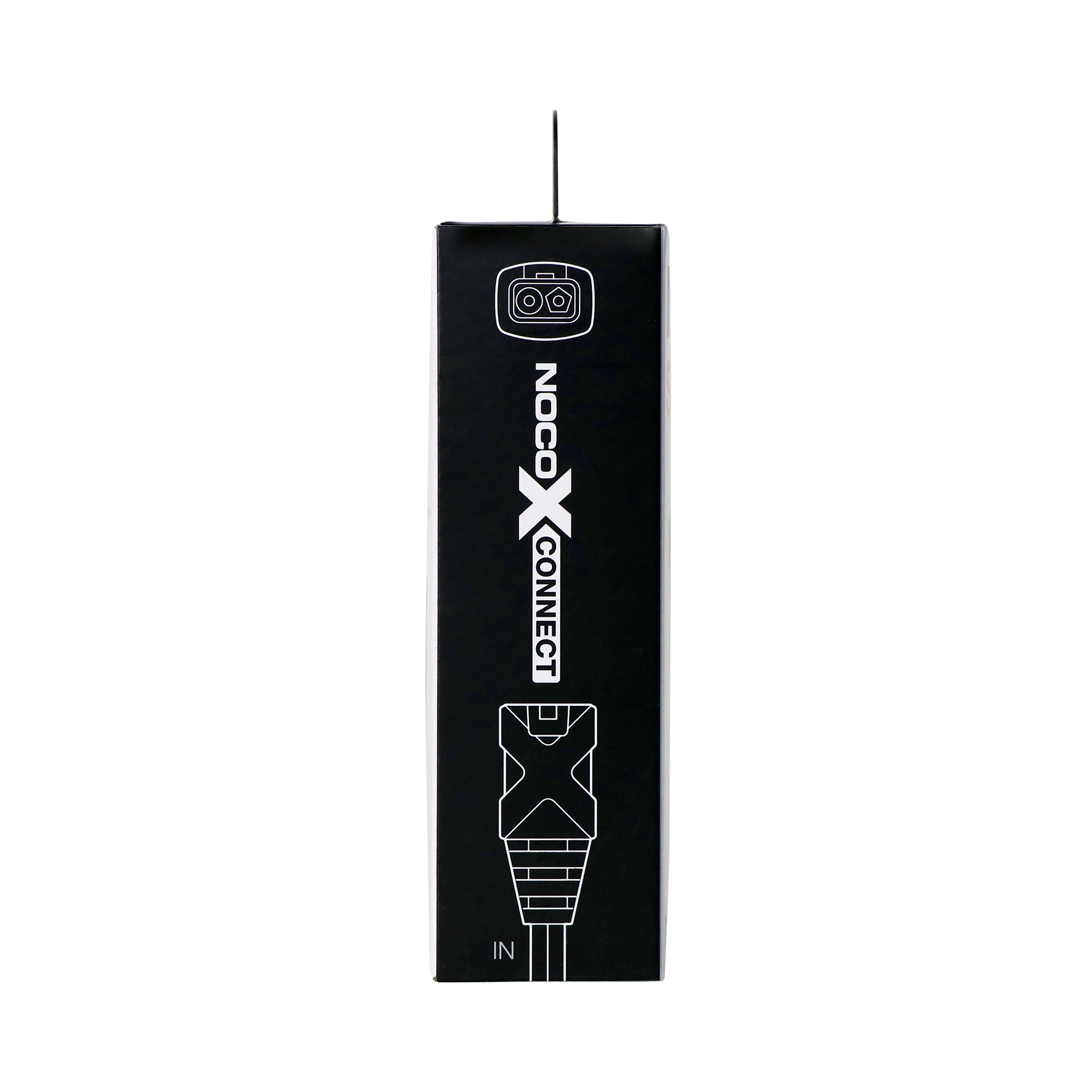 Schwarze Verpackung mit weißer Grafik, die ein Stecker und die Beschriftung NOCO X CONNECT zeigt.