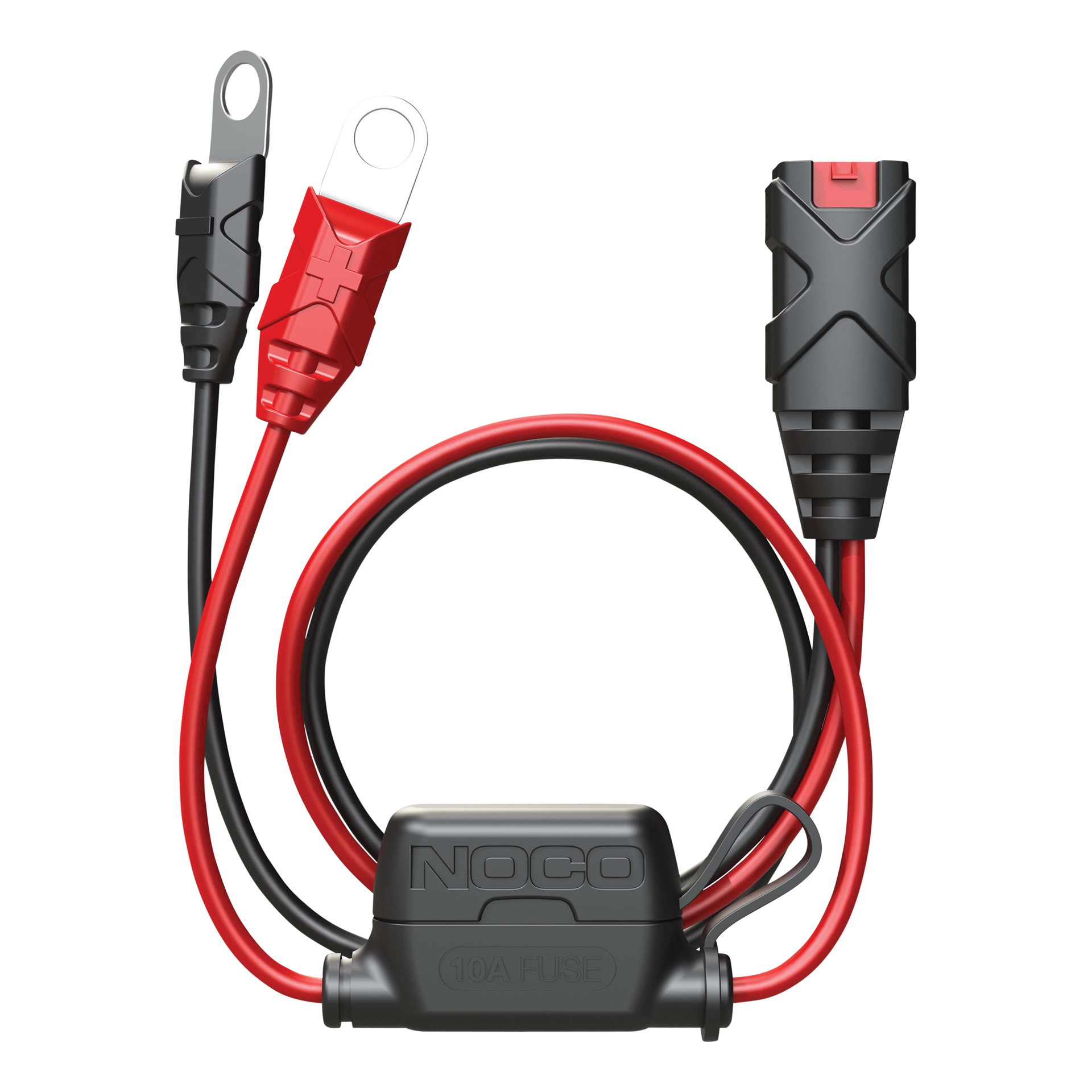 Ein schwarzes und ein rotes Kabel mit Ringklemmen, Sicherungshalter und Stecker.