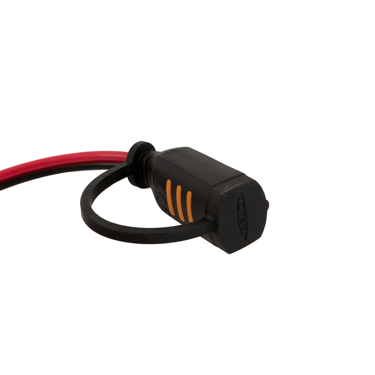 Ein schwarzer Stecker mit roten und schwarzen Kabeln, auf weißem Hintergrund.