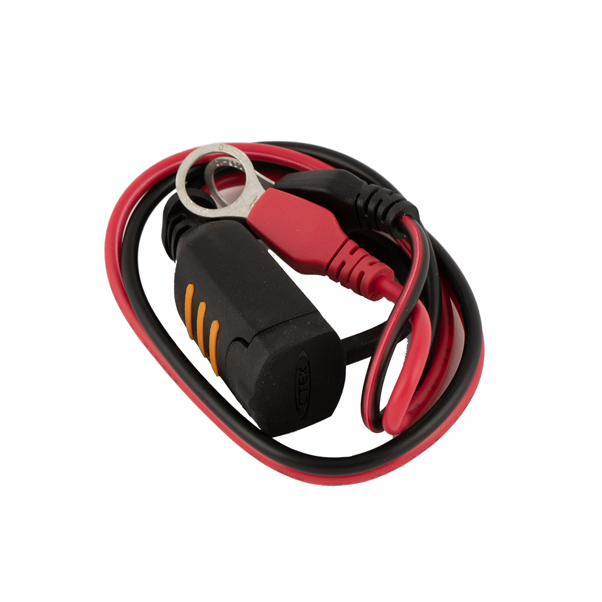 Schwarze und rote Kabel mit schwarzem Stecker mit orangen Streifen und Ringklemme.