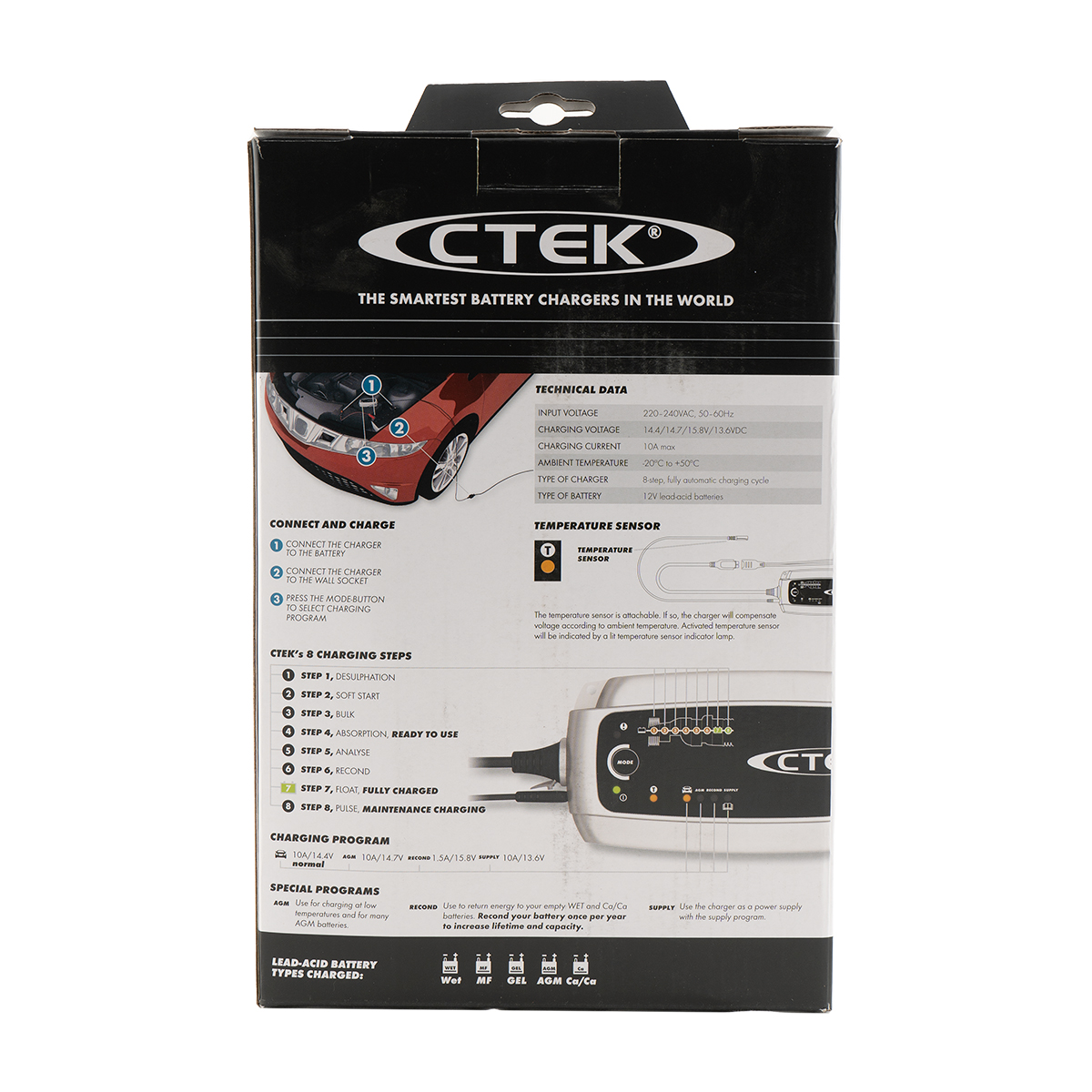 Verpackung eines CTEK Ladegeräts mit technischen Daten, Ladeschritte und Batterieinformationen.