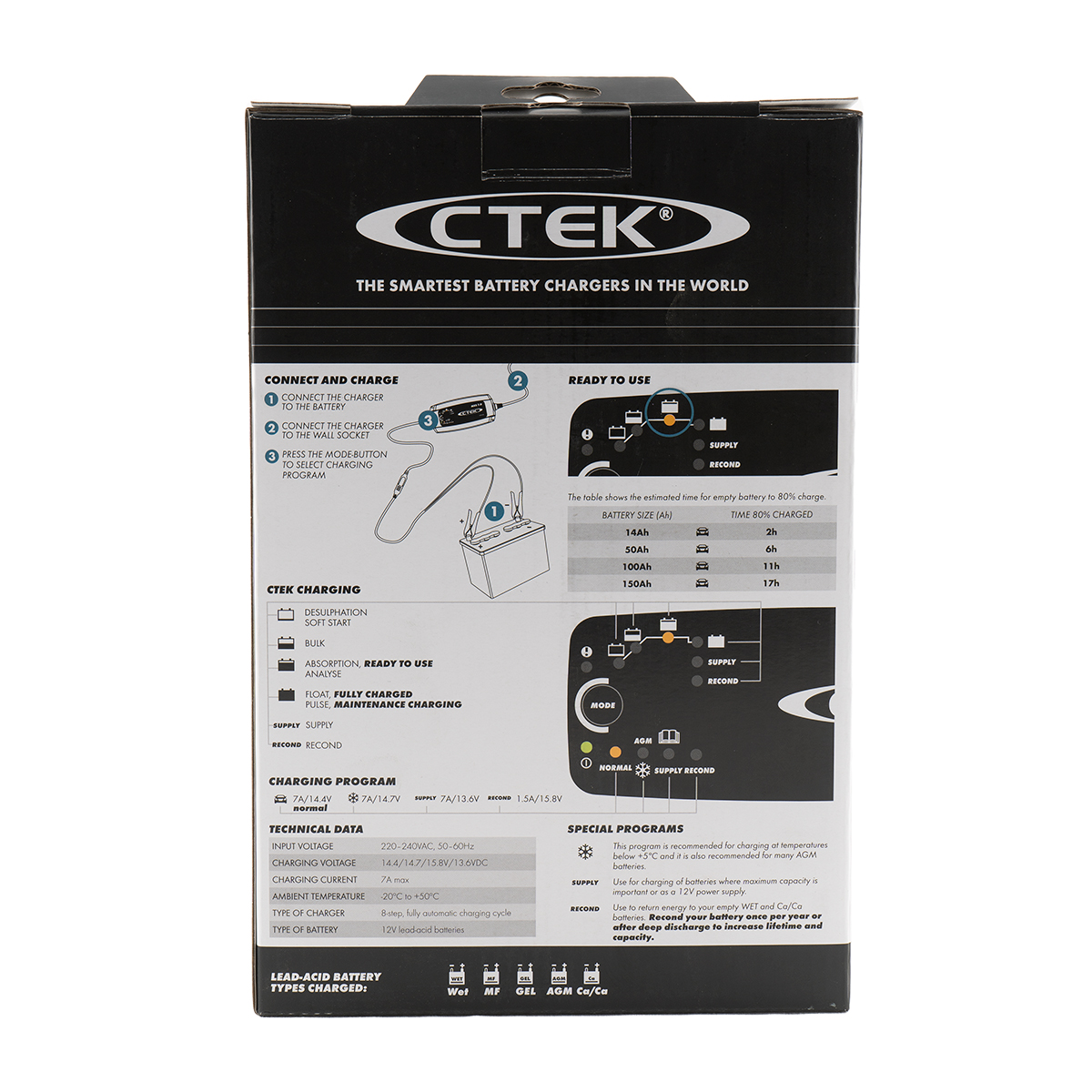 Verpackung eines CTEK Ladegeräts mit Anleitungen und technischen Daten.