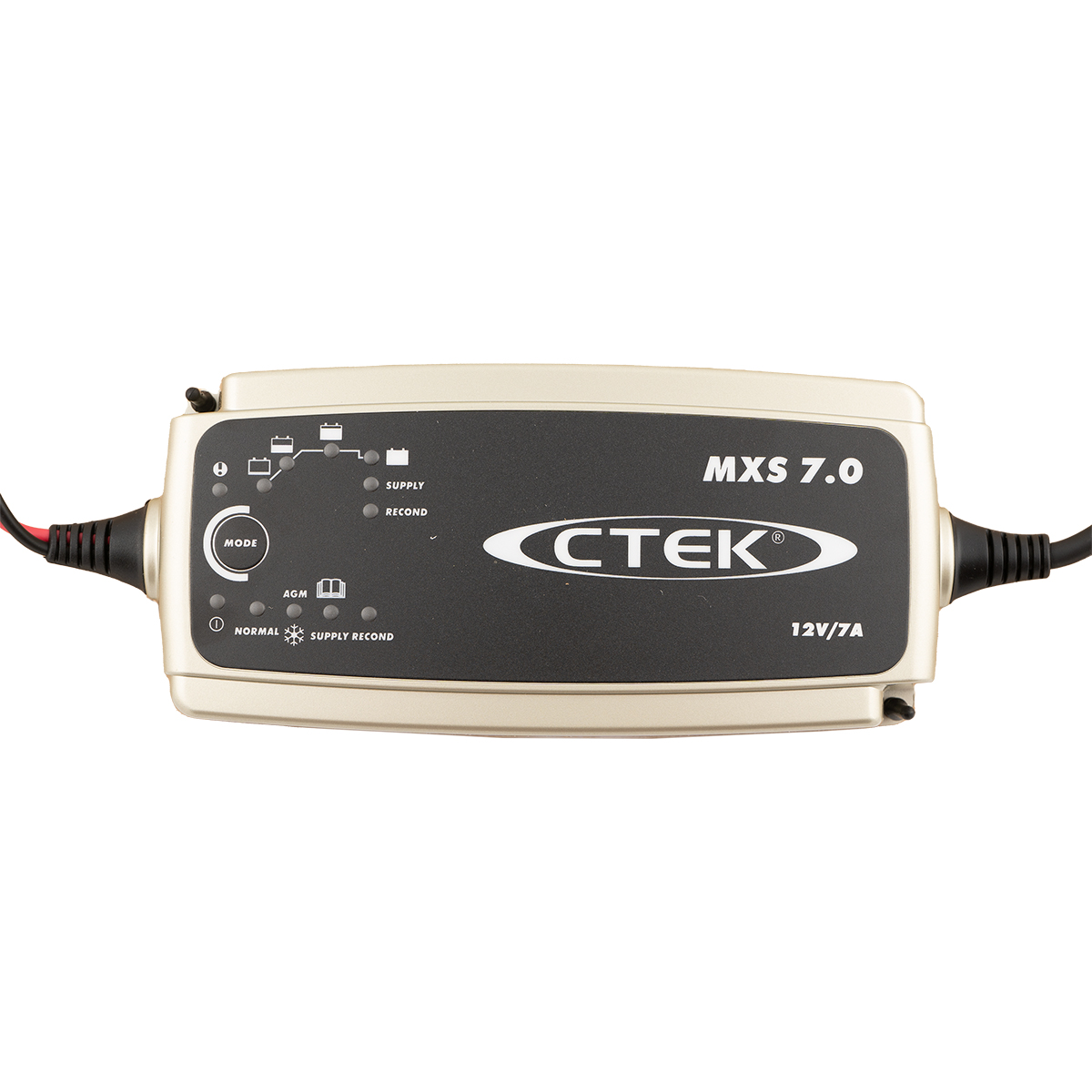 Goldener CTEK MXS 7.0 Batterieladegerät mit Kontrollleuchten und Moduswahl.