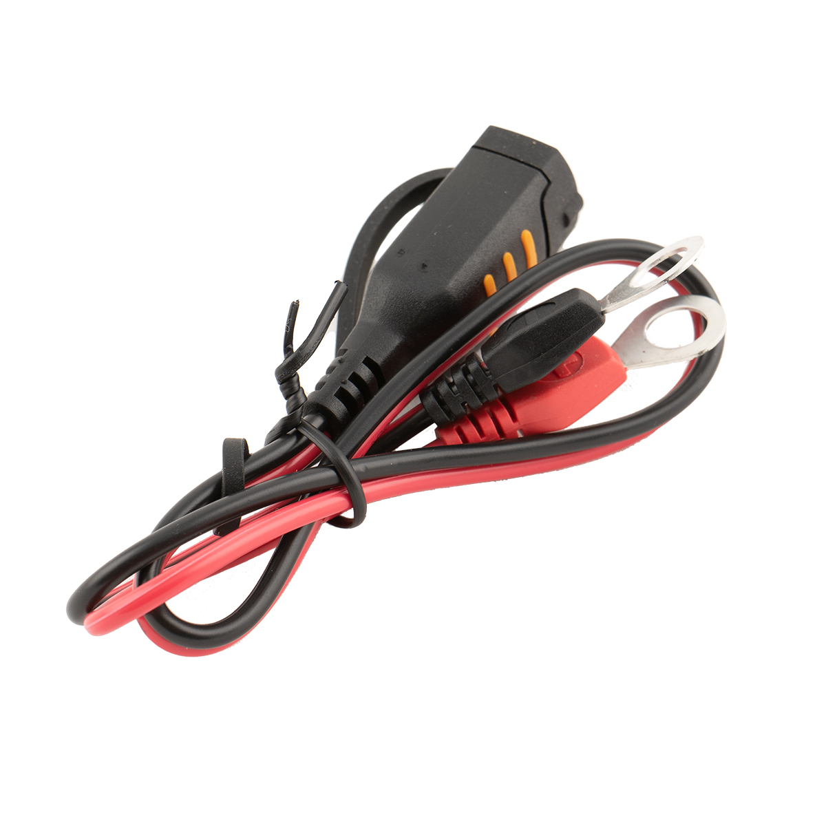 Ein schwarzes und ein rotes Kabel mit Ringösen und einem schwarzen Stecker.