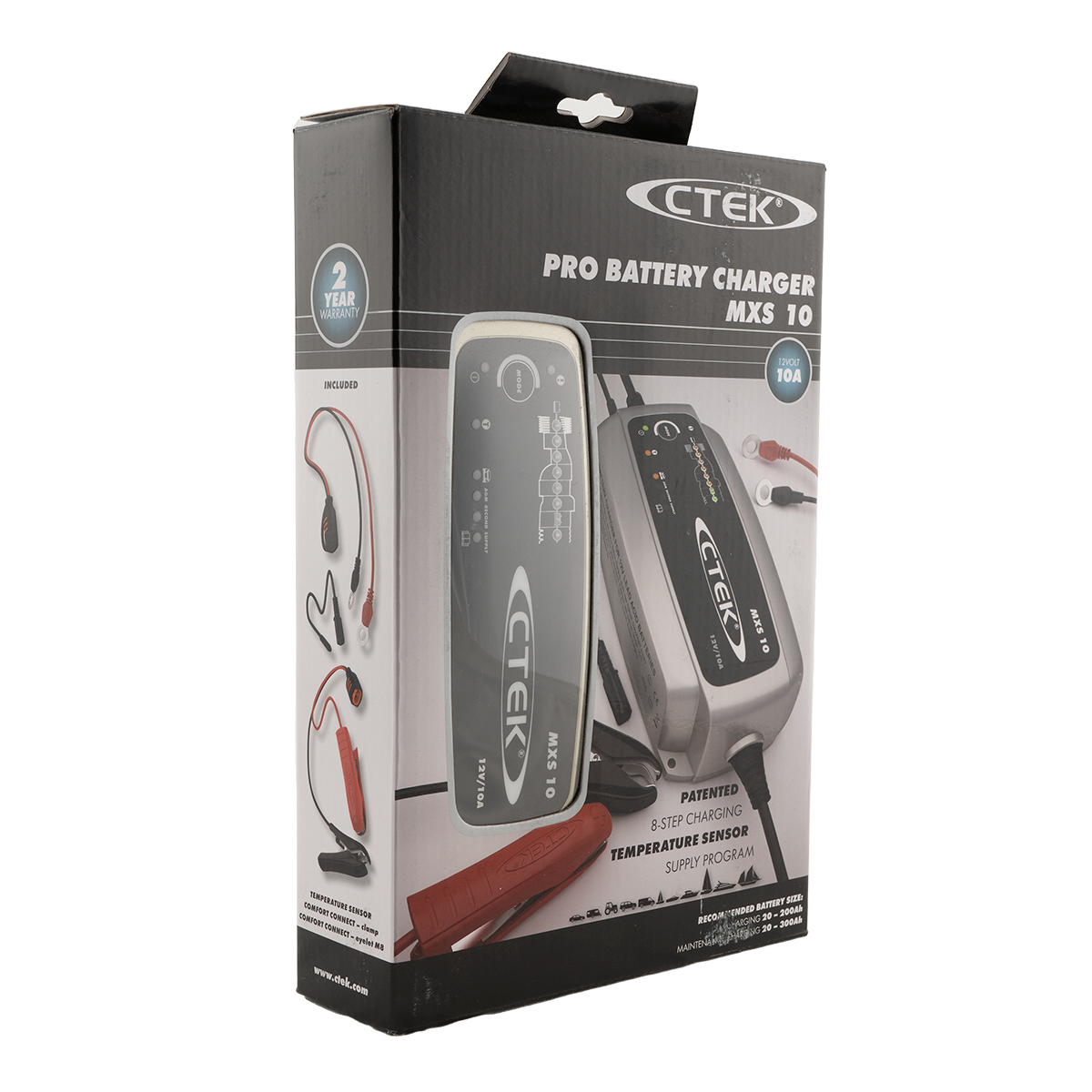 Verpackung eines CTEK MXS 10 Batterieladegeräts mit Kabeln und Zubehör.